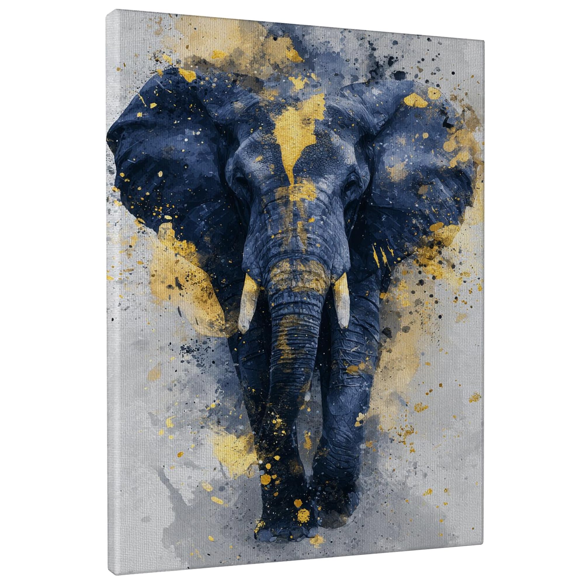 Navy Blue Elephant Canvas Wall Art, Abstract Animal Print with Gold Accents, Modern Home Decor for Living Room, Bedroom, Office, Wrapped Canvas 16x20 Inch