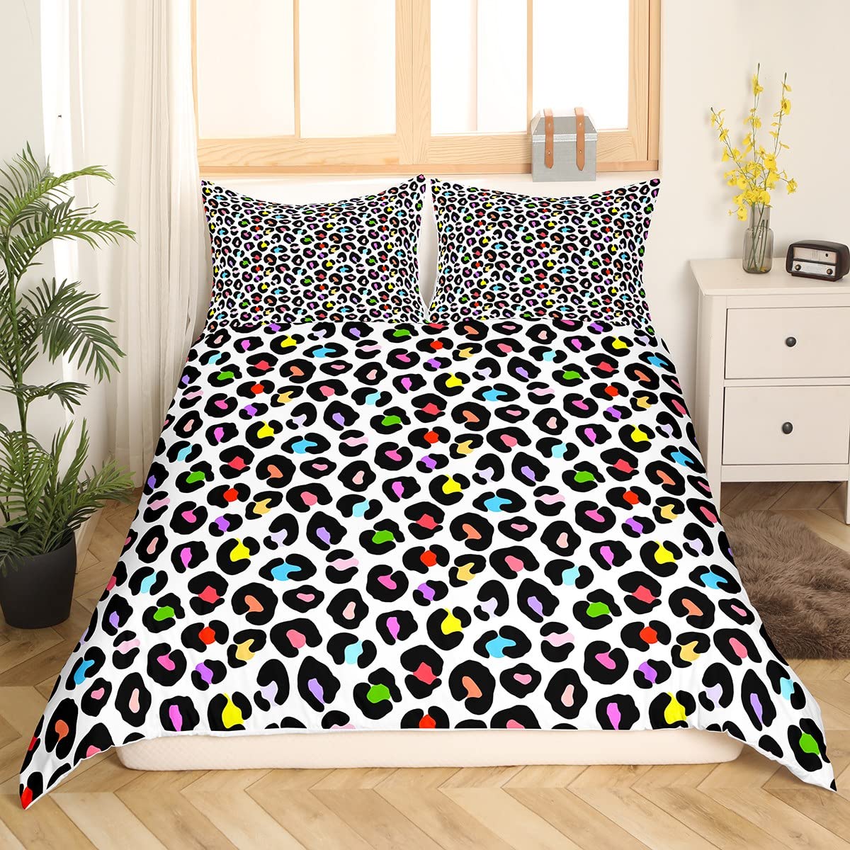 Erosebridal White Leopard Duvet Cover Full Rainbow Cheetah Print Bedding Set for Kids Girls Cute Kawaii Comforter Cover Woodland Animal Printed Bedding All-Season Quilt Cover (No Comforter)