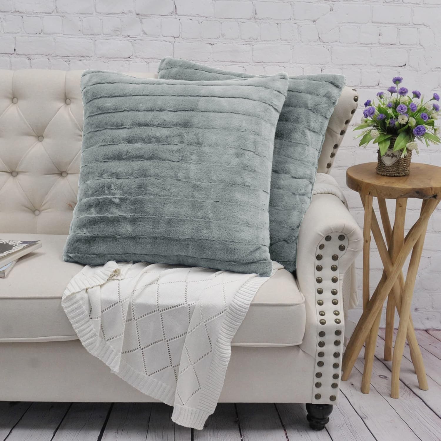 BYTIDE Striped Faux Fur Decorative Euro Throw Pillow Covers