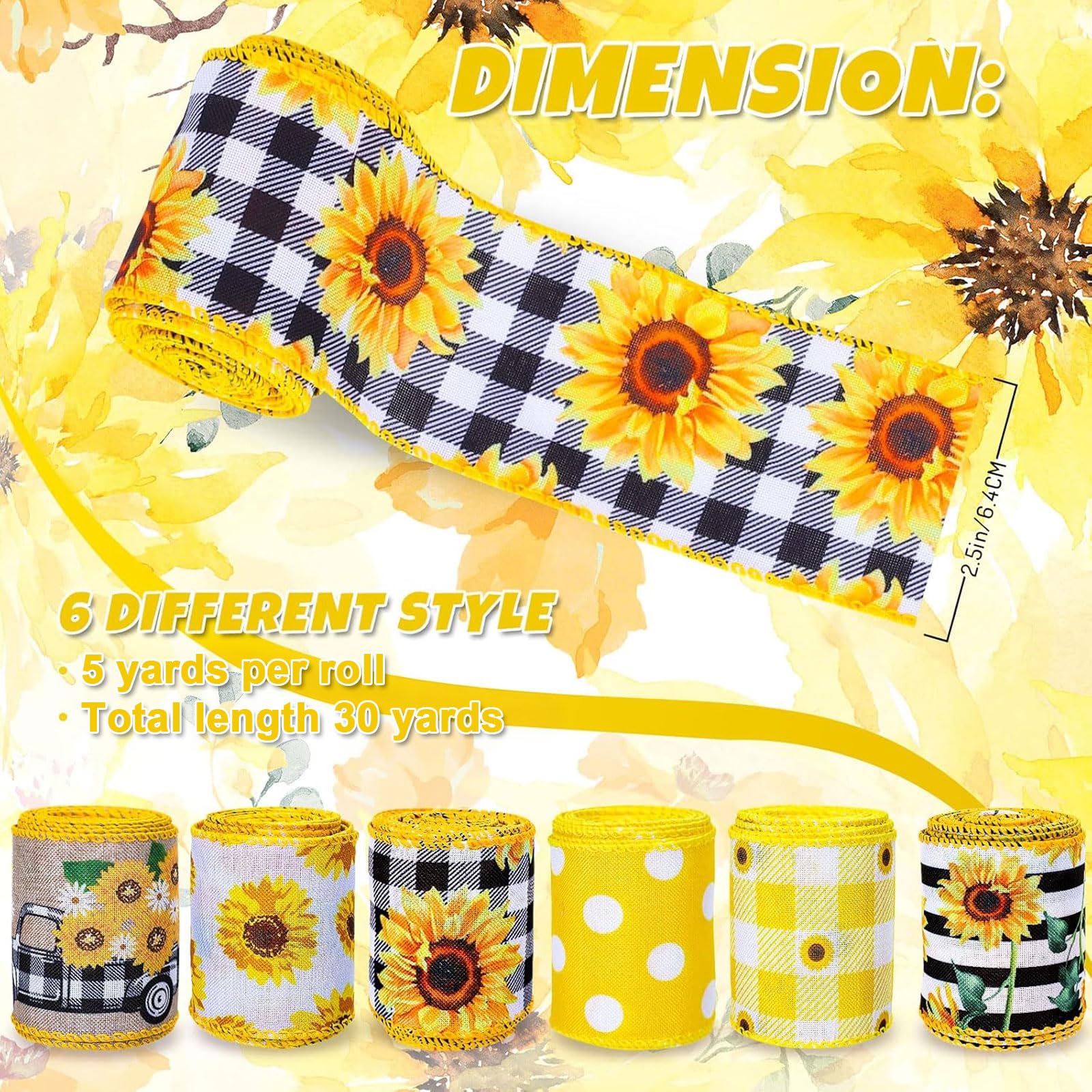Whaline 6 Rollen Sonnenblume Drahtrand Band 30 Yards 6,3 cm Büffelkaroids Blumenwagen Stoffband Frühling Sommer Blumen Dekoratives Bastelband für Geschenkverpackung Haarschleife Nähen Kranz Handwerk