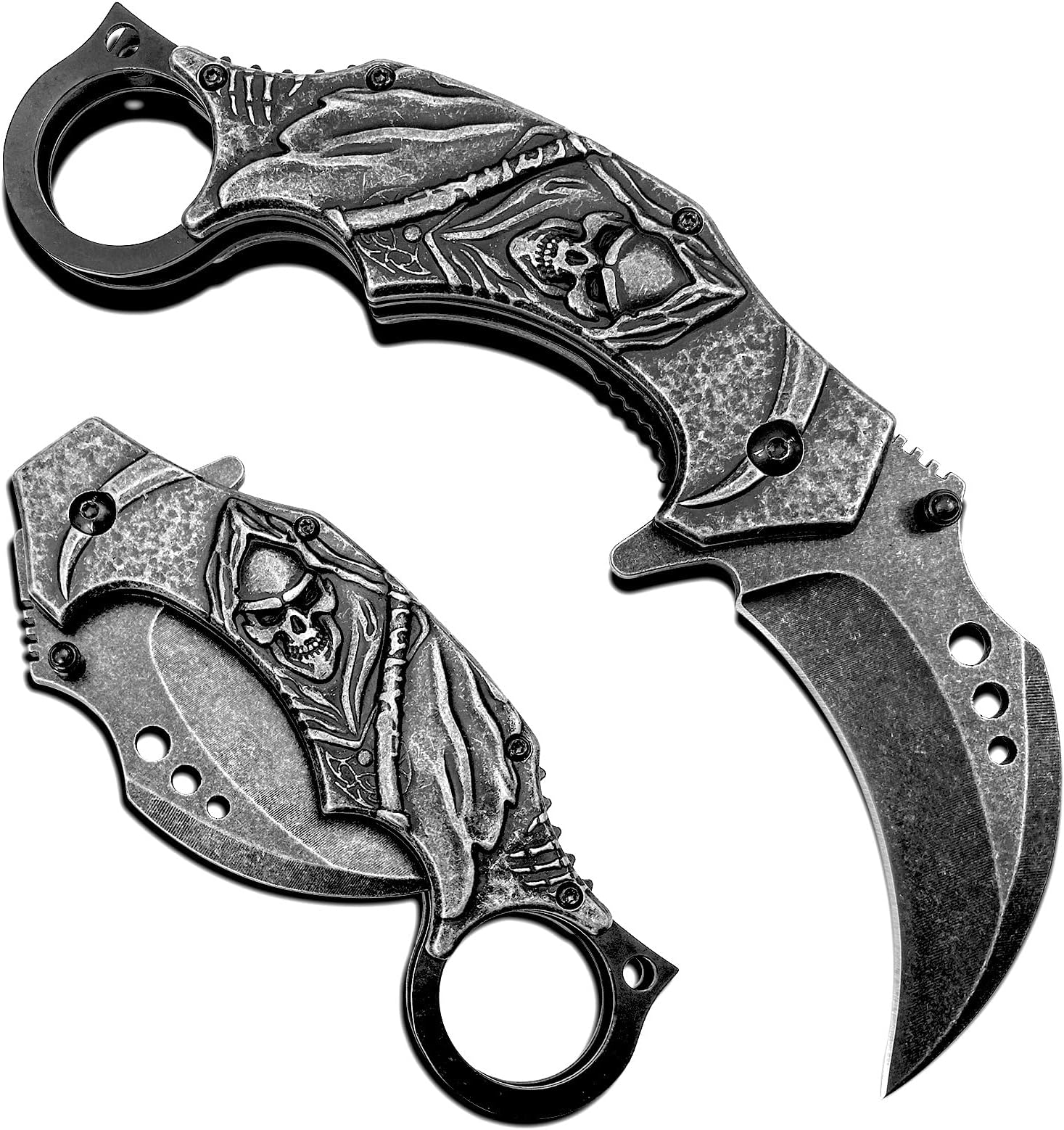 MADSABRE Pocket Knife Karambit Style Folding Knife Stonewashed Skeleton Handle with Back Clip,Liner Lock - Very Sturdy Outdoor Tactical Claw Knives One Hand Opening for Camping Hunting Hiking
