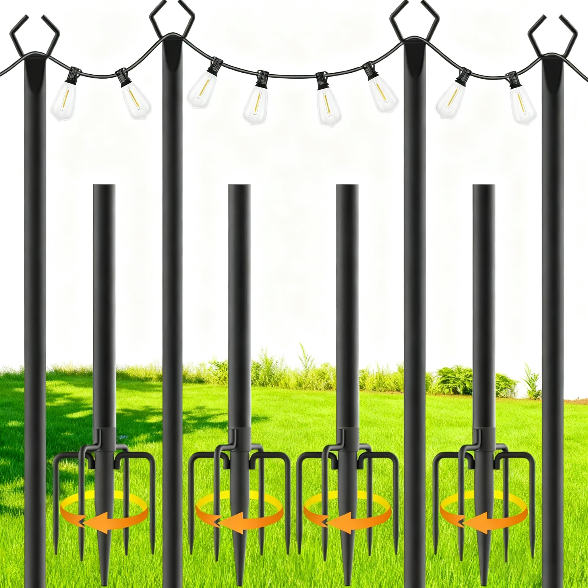 Juego de 4 Postes de Luz de Metal de 3m/10 pies, Postes Metalicos de Iluminación con Tenedor para Guirnaldas Luminosas Exteriores, para Exteriores, Patios, Terrazas, Jardines, Fiestas, Bodas