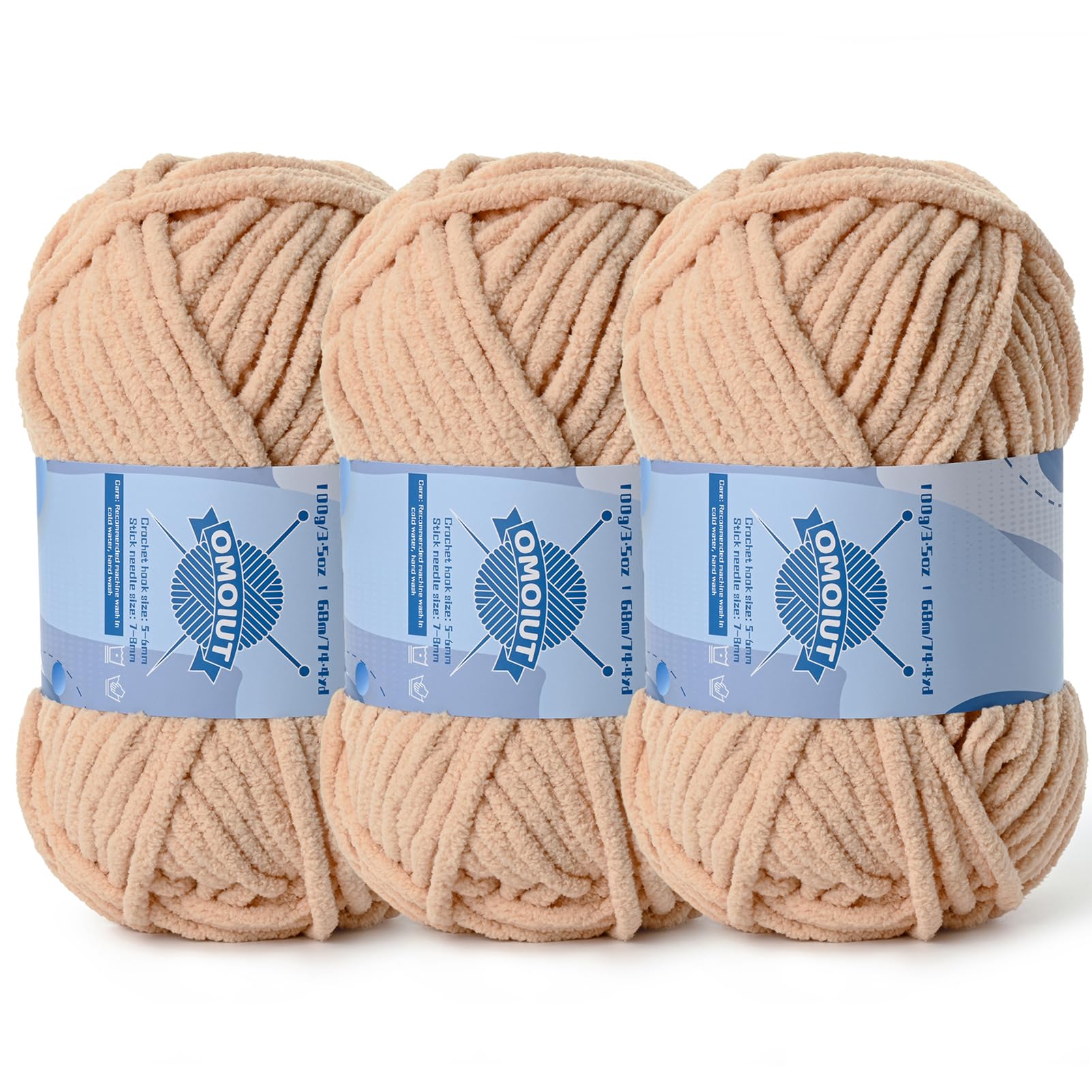 3 Pack Chunky Chenille Yarn for Crocheting, Baby Yarn for Crocheting Soft Blankets, Bulky Yarns for Crochet Amigurumi, 300g (223yds) Fluffy Velvet Yarns for Hand Knitting (3 Apricot)