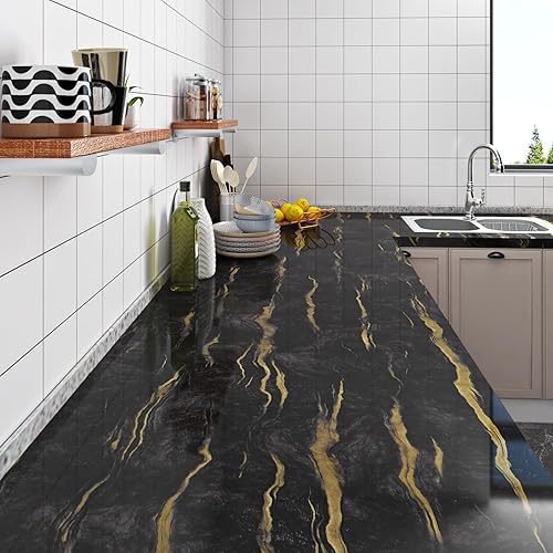 Miniatura 8 de Livelynine Papel adhesivo de mármol negro y dorado para encimeras, papel tapiz de mármol impermeable, despegar y pegar, paredes de baño, cubierta de