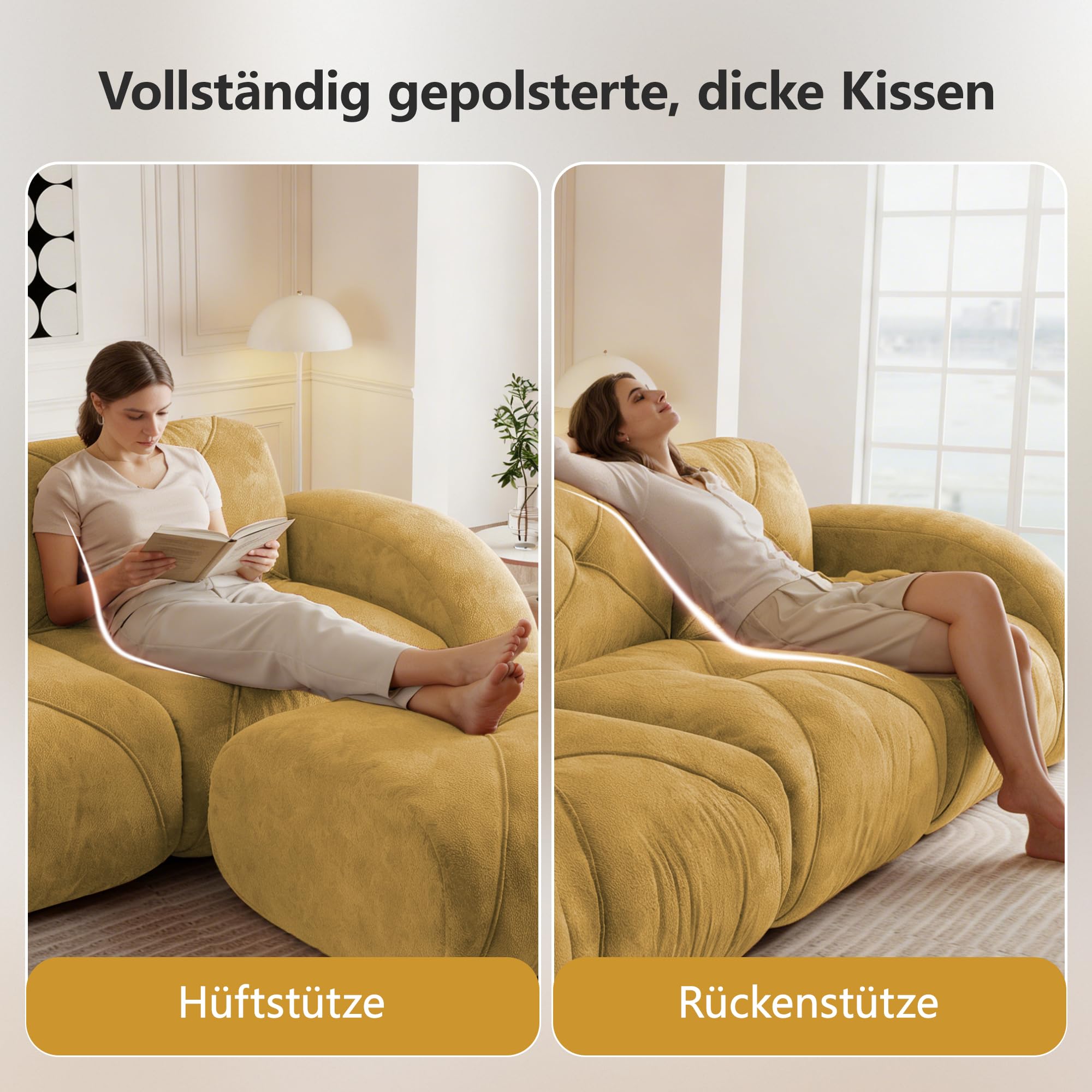 Bladez Divano modulare a 2 posti con sgabello Ciniglia Moderno Loveseat Soggiorno Divano con Braccioli Curvi, Senza Montaggio Divano Boneless Compressione Cloud Divani (Giallo, 2 Posti+1)