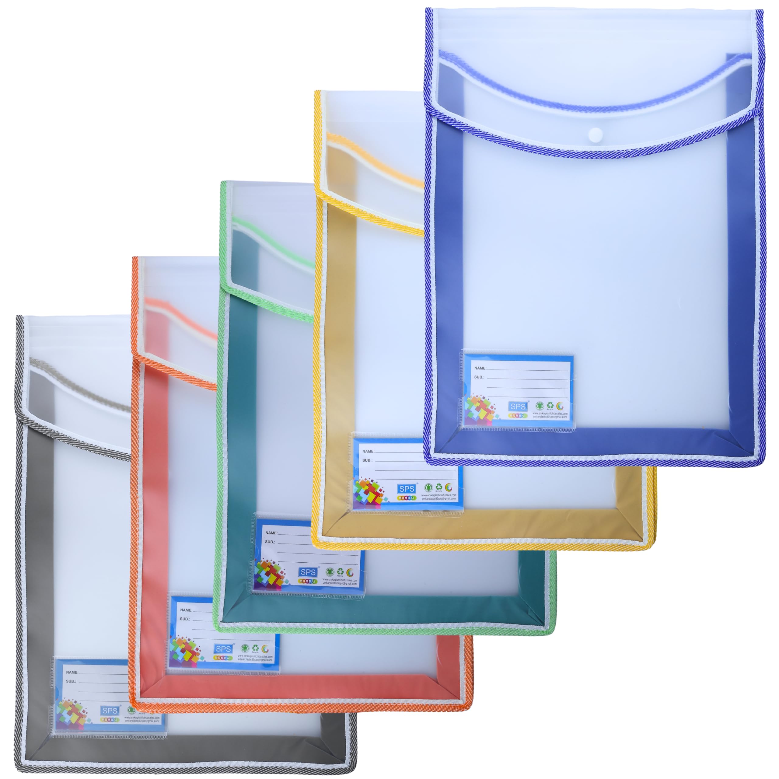 SPS File Folder, Transparent Poly-Plastic A4/Foolscap Documents File Storage Bag with Snap Button Set of 5/Certificate File Folder (Vertical, Multicolor, Pack of 5)