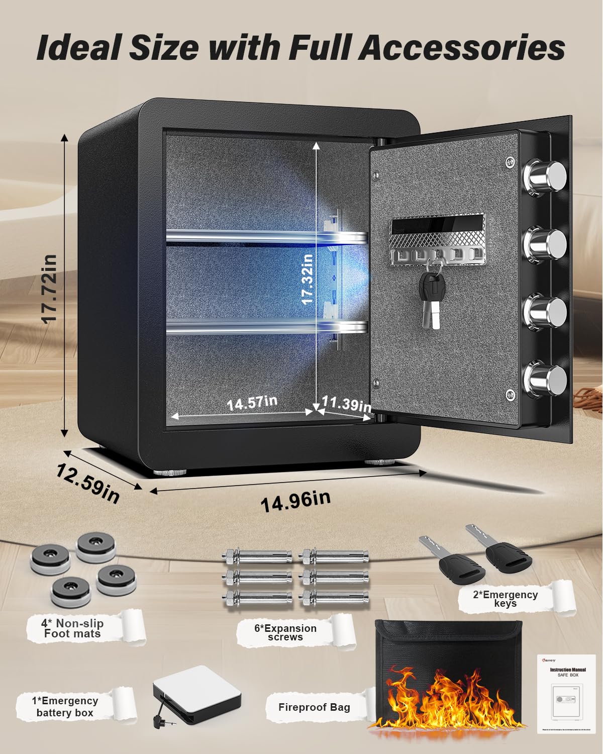 Kavey Cassaforte da 50L, cassaforte per la casa con tastiera touch screen retroilluminata e doppio sistema di allarme, cassaforte con funzione mute e luce LED, sicura per denaro, documenti e oggetti