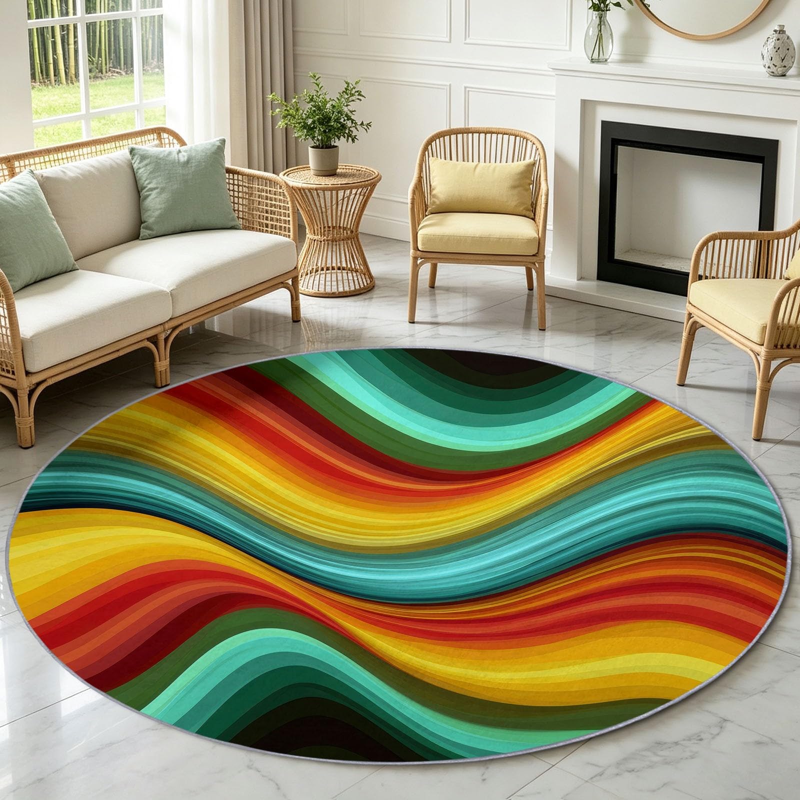 Générique Tapis Enfant Rond Chambre d'enfant Filles Garçons, Pop Art Tapis Rond Lavable & Antidérapant pour Salon Chambre Cuisine Salle à Manger Chambre (100 cm, Vagues Arc Ciel)