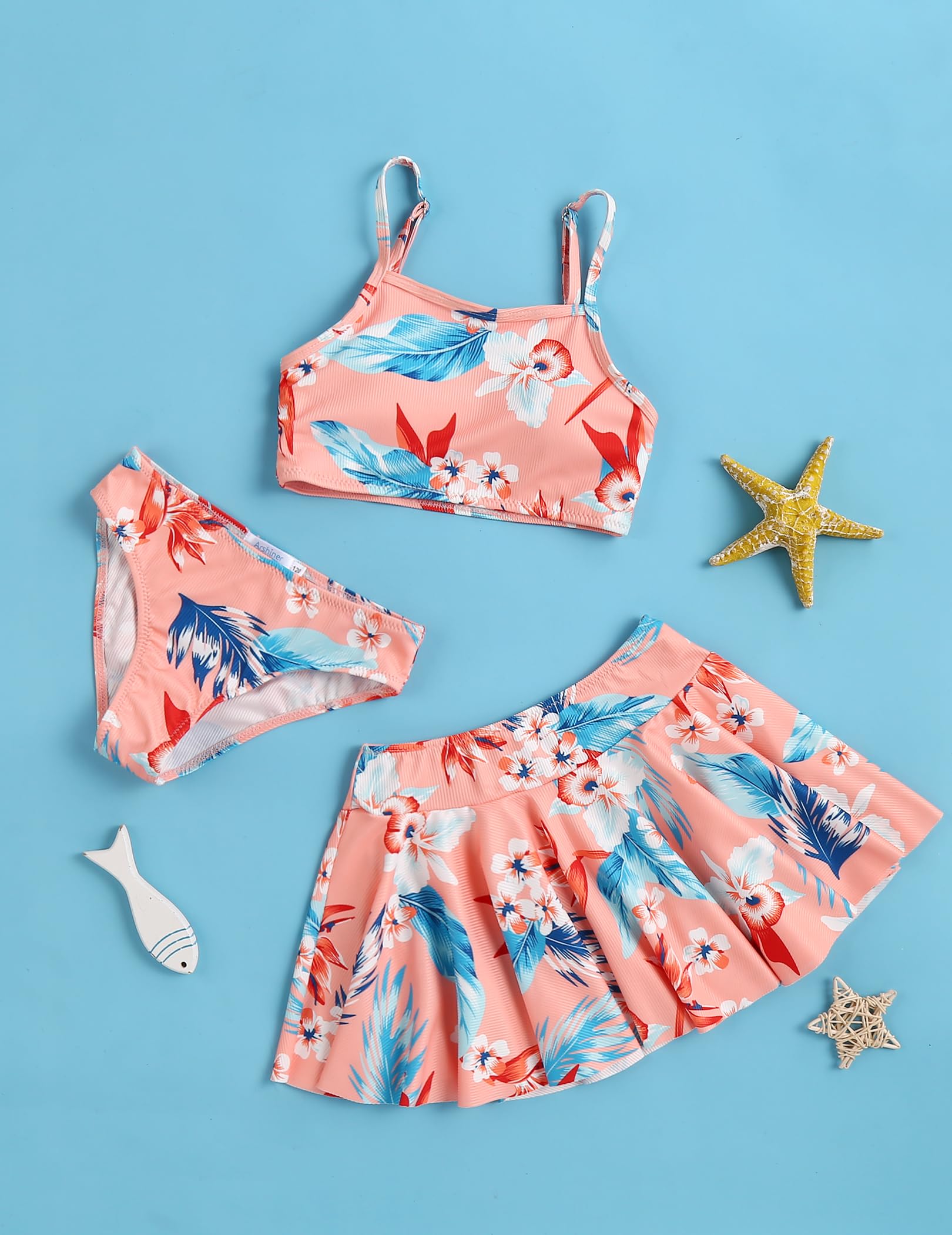 Arshiner Niñas Conjunto de Bikini Traje Baño de Verano de 3 Piezas Niños Tankini De Tres Piezas con Falda Estampado Floral Traje de Baño Bikinis para Niñas 5-14 Años