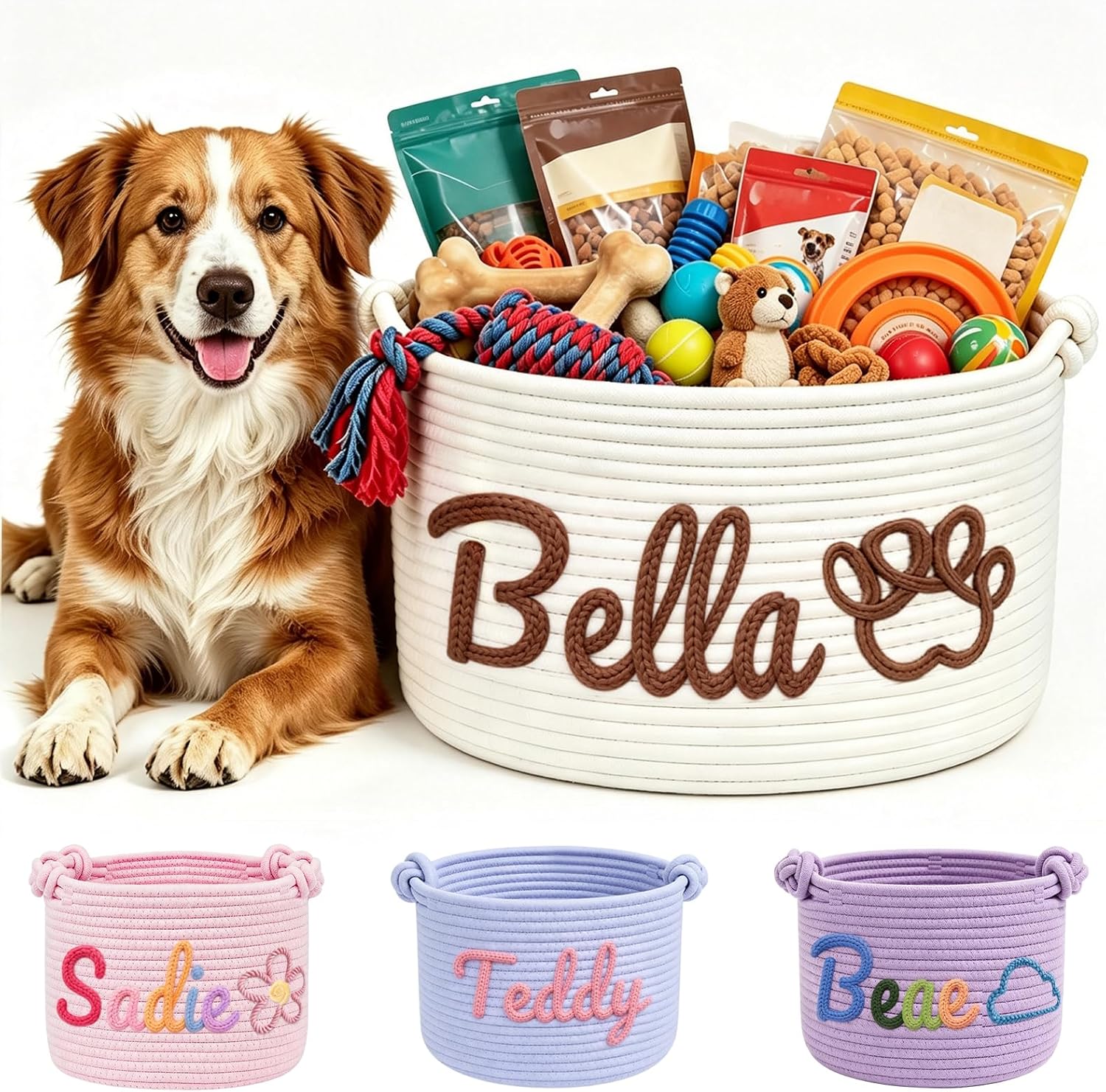 Personalized Dog Cat Toy Basket, Custom Dog Toy Box with Name, Handmade Cotton Rope Personalized Baskets for Toys Snacks Pet Supplies, Birthday Gifts Basket for Pets