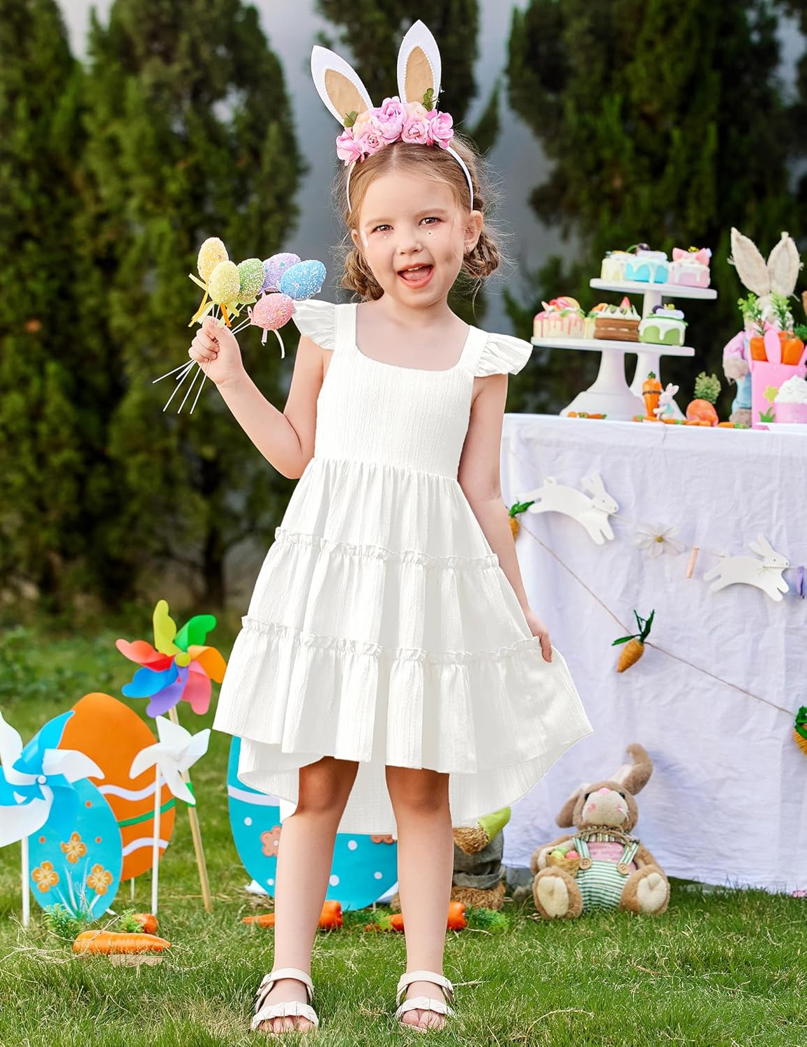 Arshiner Toddler Girls Dress Ruffle High-Low Hem Smocked Dresses Summer Beach Butterfly Sundress with Pocket - Image 2