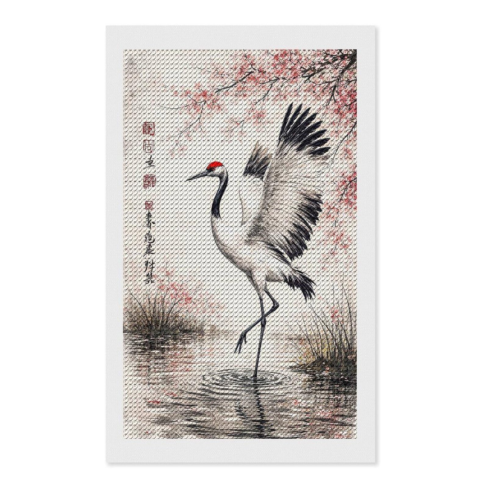Junmoney Red-Crowned Crane and Cherry Blossoms DIY Diamond Art Canvas Kit 12"x20", for Teens, Finish and Display, Holiday Gift Idea, Vintage Style Decor