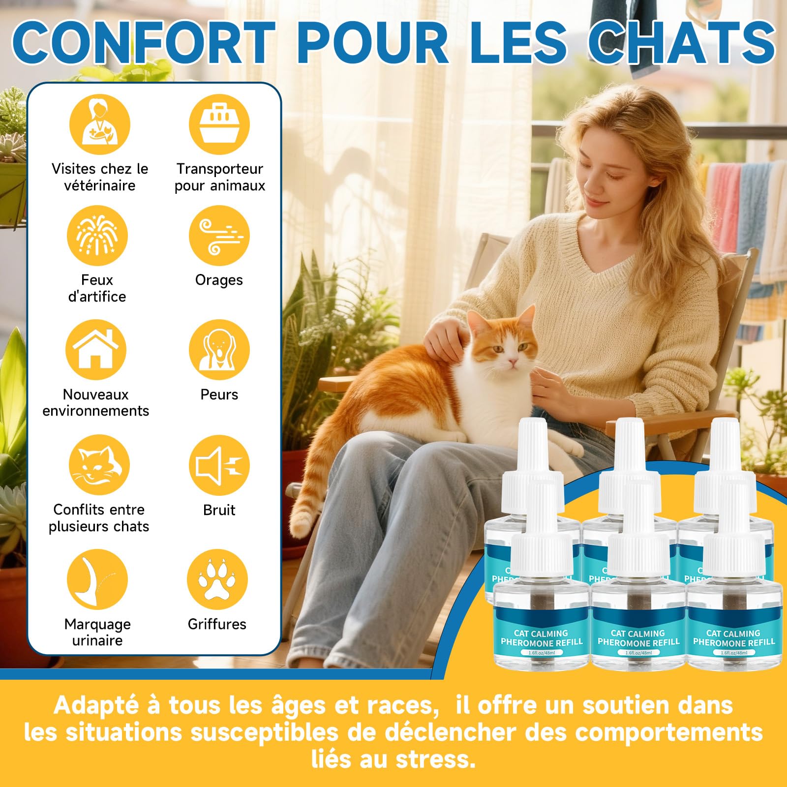 VICSOM 6 Recharges Pheromones Chat Compatible avec Tous Les Diffuseurs Courants, Diffuseur Chat Anti Stress 180 Jours pour Soulager, La Relaxation Et L'anxiété (48 ML par Recharge)