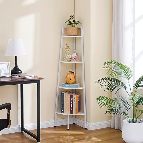 Miniatura 7 de Hoctieon Estante esquinero, estantería de esquina de 4 niveles, estante rústico de escalera de esquina, estante de exhibición industrial para sala