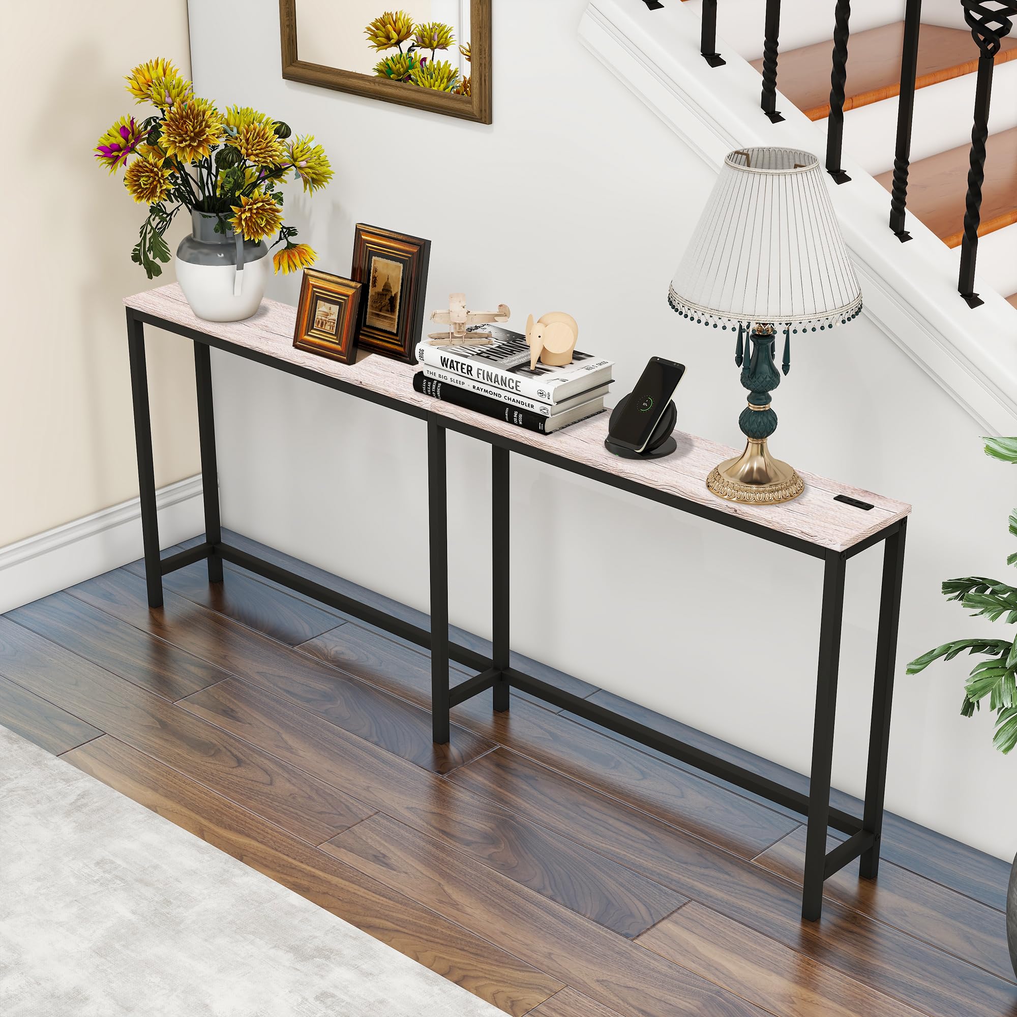Mesa consola de 70.8 pulgadas con puertos USB, mesa de sofá con estación de carga, mesa de entrada estrecha, mesa de pasillo delgada, arce 2