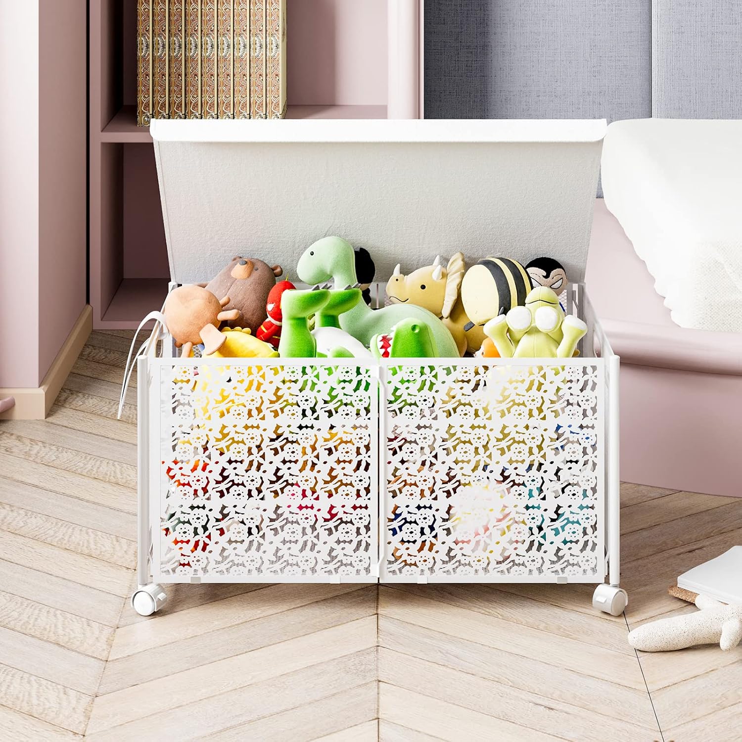 Pssopp Large Toy Storage Box with Lid, Wheels Metal Collapsible Toy Organizer for Boys Girls, Clothes Books Nursery Plush (#2)