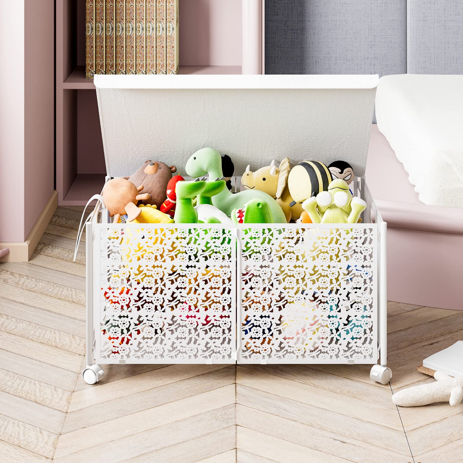 Caja de Almacenamiento de Juguetes Grande con Tapa, Organizador de Juguetes Plegable de Metal con Ruedas para Niños y Niñas, Ropa, Libros, Guardería, Felpa (#4)