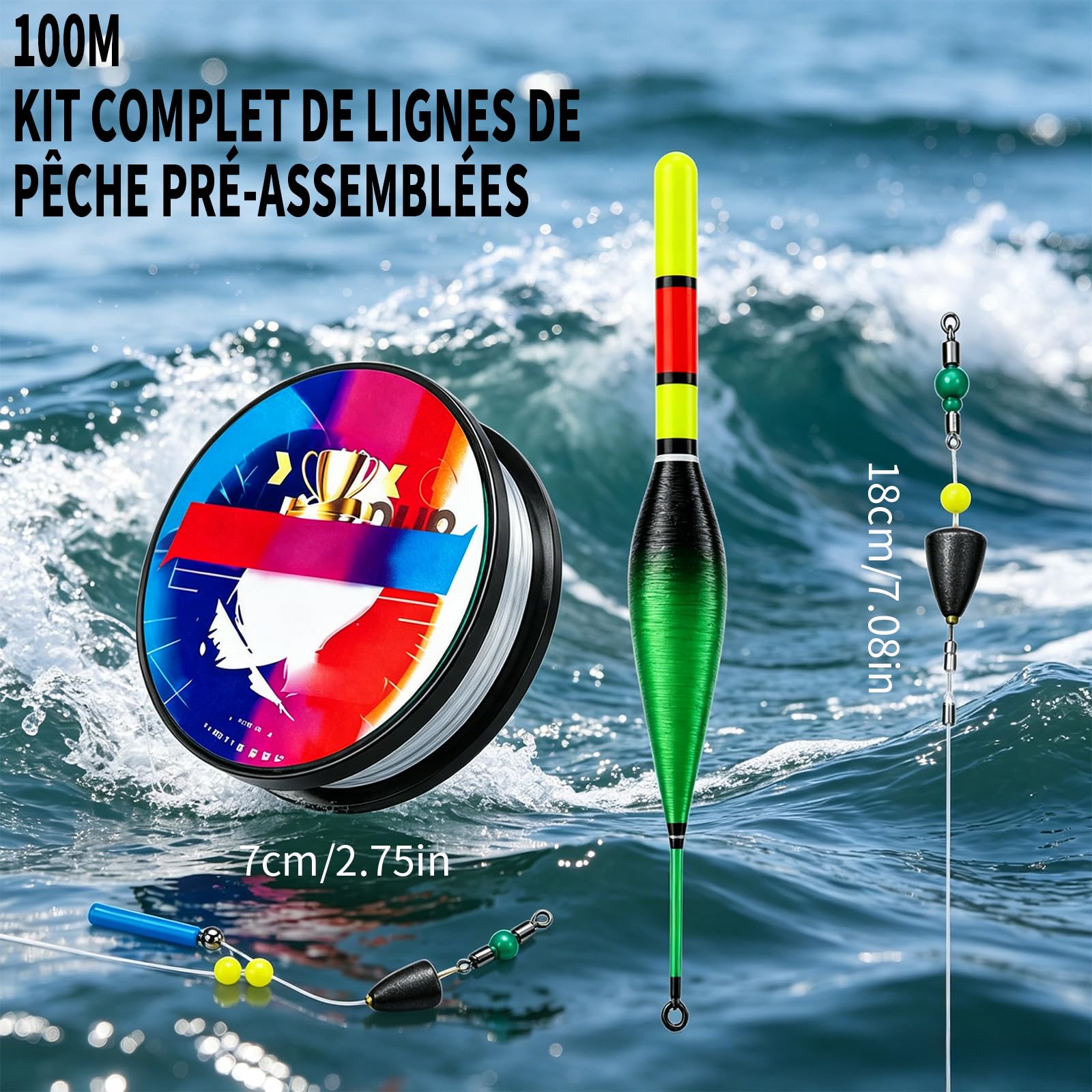 Ligne de Peche Montee, Matériel de Peche, Ligne de Pêche Automatique, 120m, avec Flotteur à Changement de Couleur, Pêche Haute Sensibilité, pour Les Experts et Les Débutants