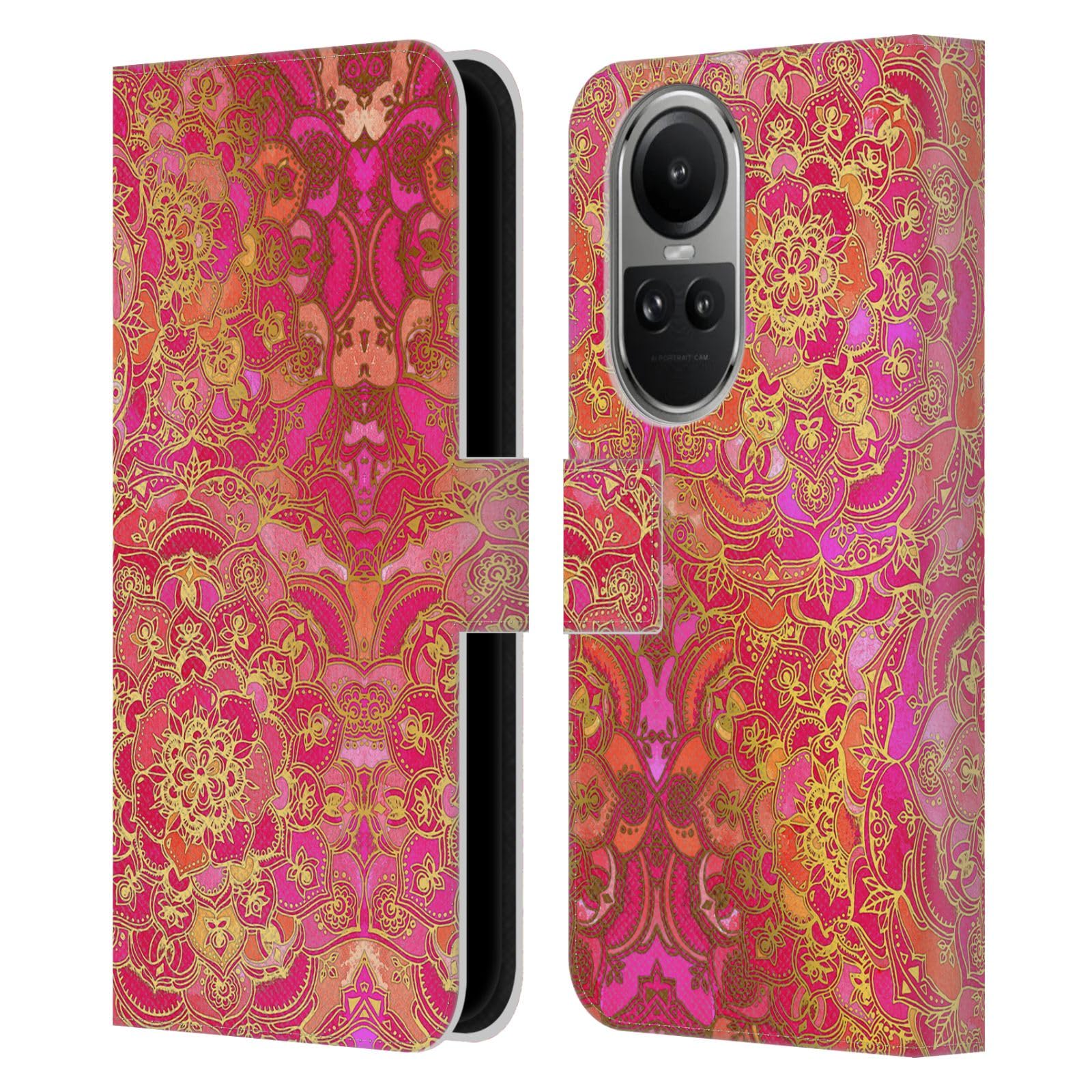 Head Case Designs Officially Licensed Micklyn Le Feuvre Hot Pink Gold and Orange Mandala Leather Book Wallet Case Cover Compatible with Oppo Reno10 5G / Reno10 Pro 5G