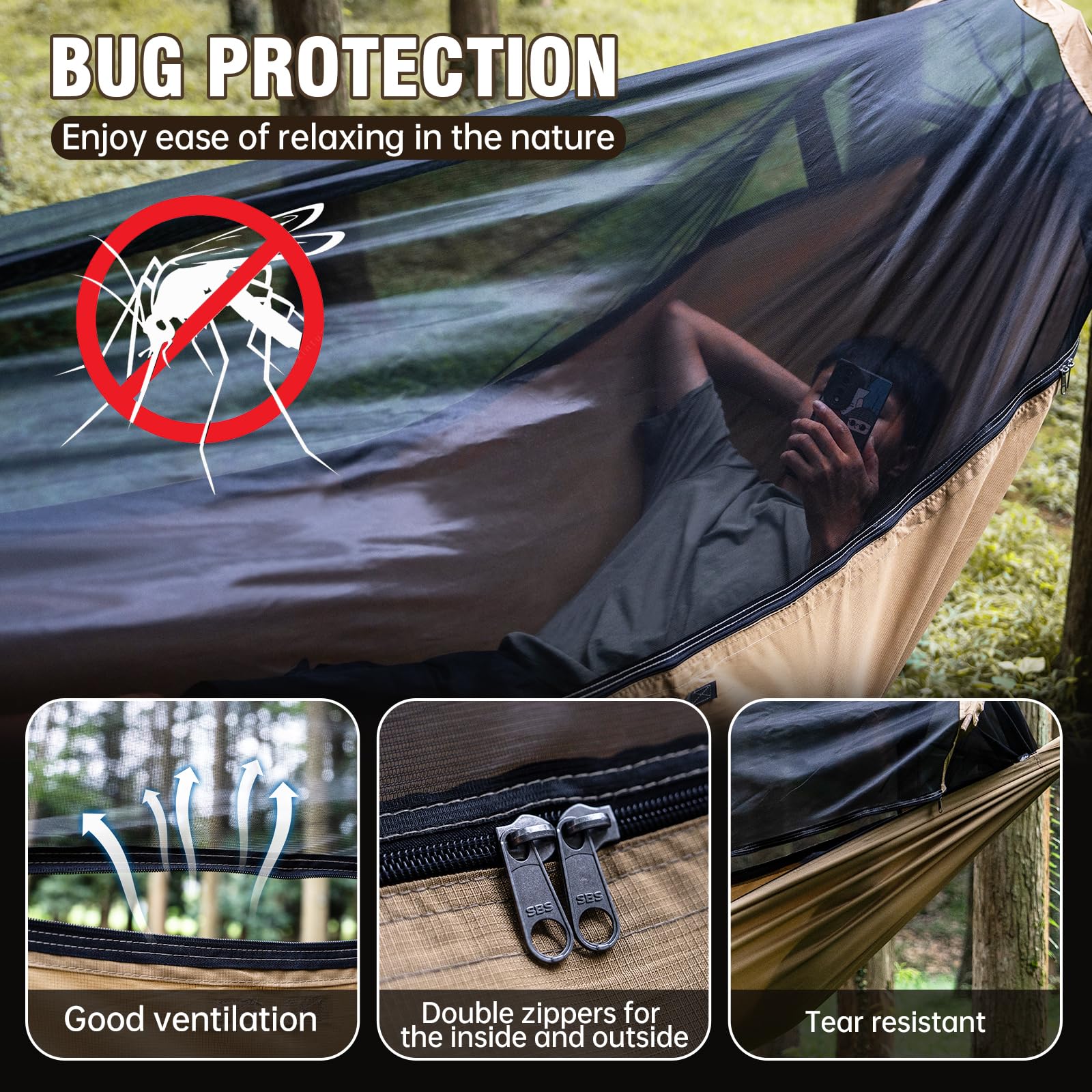 FREE SOLDIER da campeggio escursionismo outdoor Survivor mosquitoe portatile amaca resistente all' usura Resistenza grande tenda per persona 180-195 cm altezza, Brown