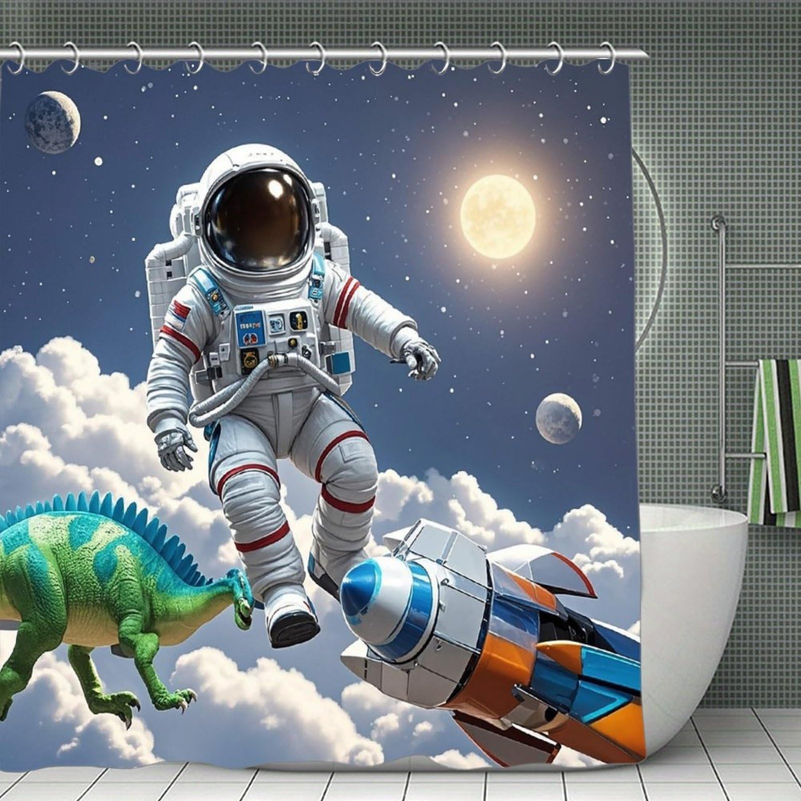 VstaDank Funny Astronaut Dinosaur Rocket Shower Curtain 71x71 Heavy Duty Polyester Cloth Bath Curtain with Hooks Thick Waterproof Shower Liner Fun Magic Decorative Bathroom Curtains for Bathtub
