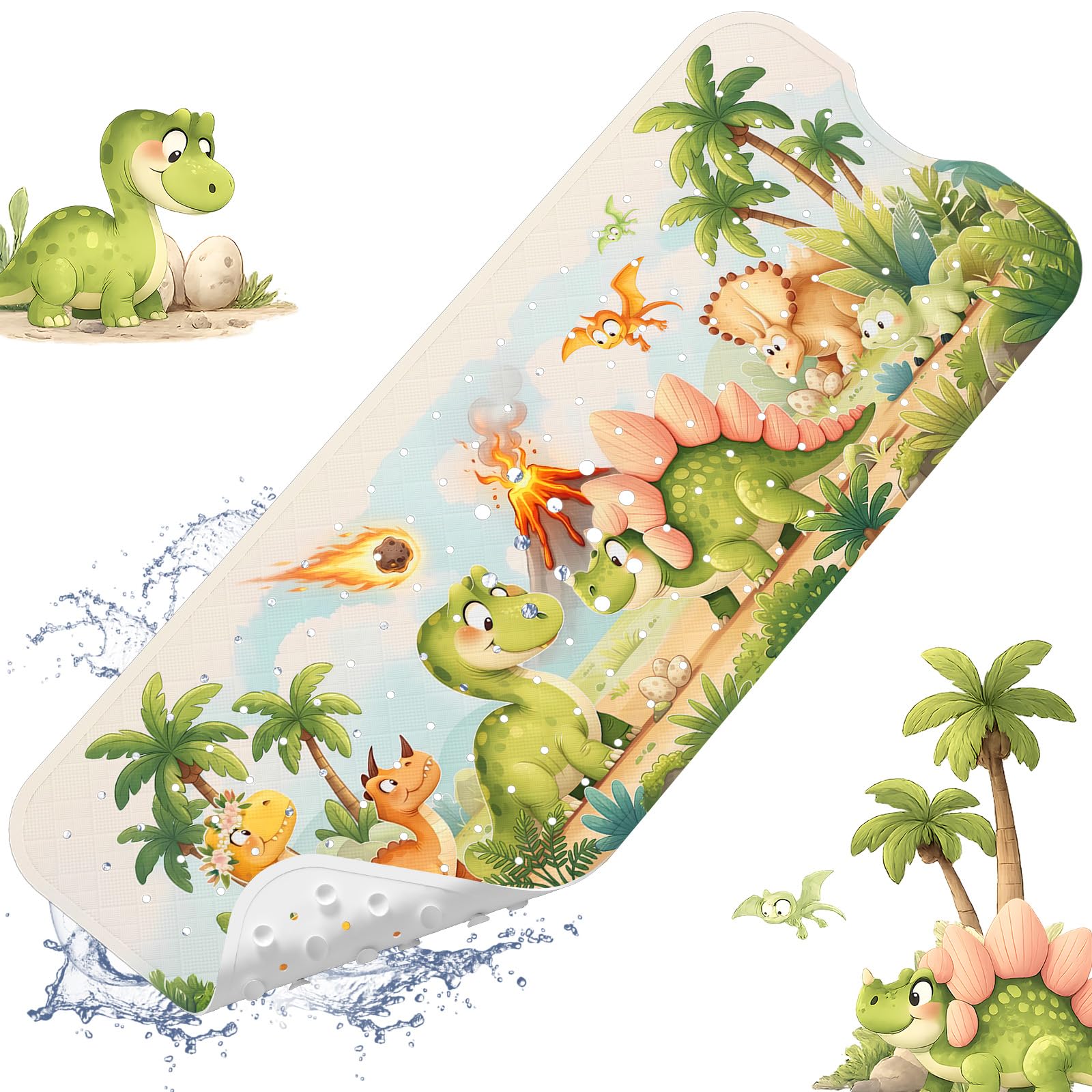 XIYUNTE Baby Bath Mat Non Slip Anti Mould, 100x40cm Extra Long Bathtub Mat Anti Slip Shower Mat with Suction Cups and Drain Holes, Cartoon Patterned for Kids, Machine Washable, Dinosaur — image 1