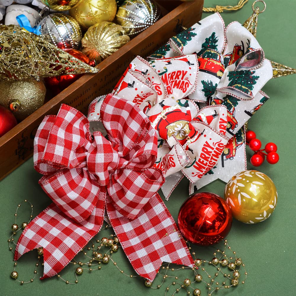 YAMA Drahtband für Weihnachten, 6 Rollen, 30 Meter, 6,3 cm breit, Baumwagen, rot/grün, kariert, zum Verpacken von Kränzen, Schleifen, DIY