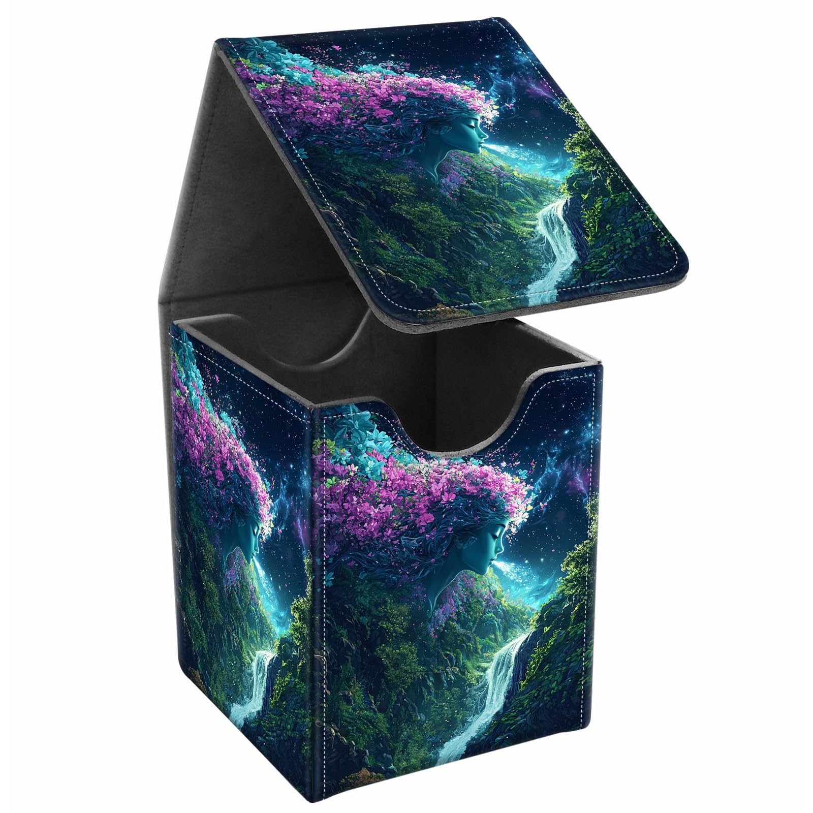 JANENFNA Card Deck Box, Card Storage Box Fits 100+ Single Sleeved Cards, Large Capacity PU Leather Card Storage Box with Strong Magnet for Magic Commander TCG/CCG, Secret Forest