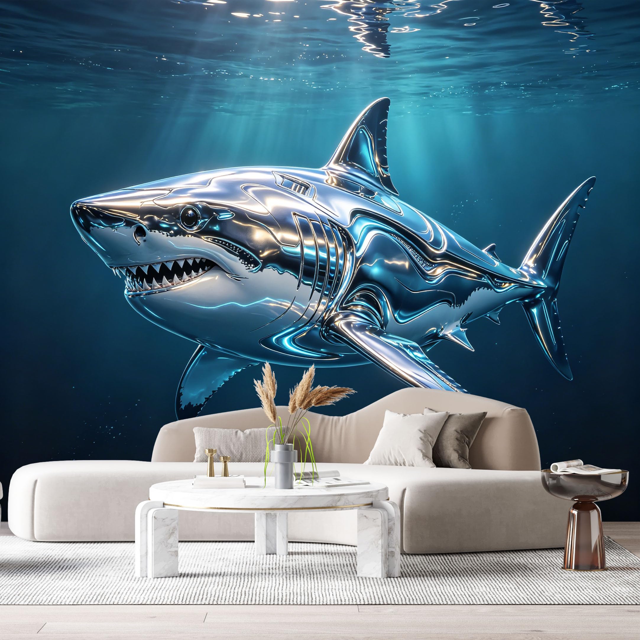Custom Size Wall Murals Metallic Shark Ocean Marine 3D Trompe L'Oeil Contemporary SelfAdhesive Wall Fabric Removable Large Wallpaper for Photo Living Room