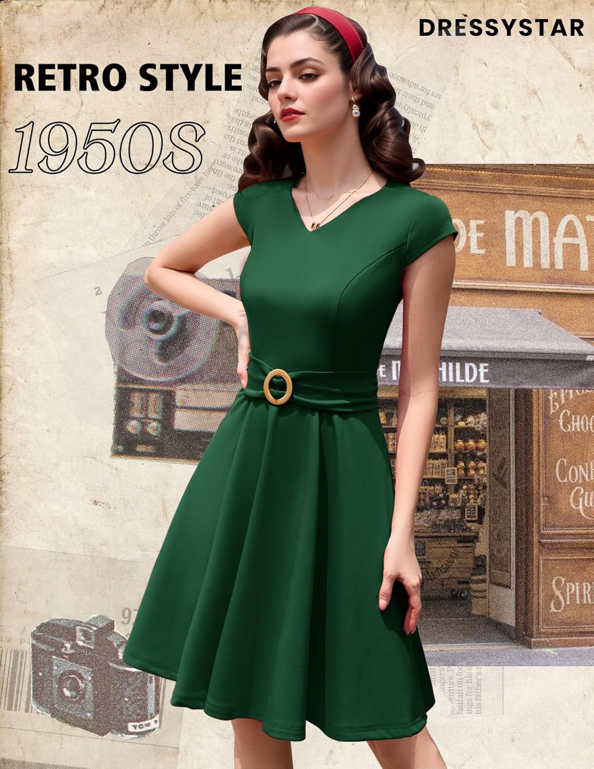 Dressystar Women's Vintage 1950s Dress V Neck A Line Swing Short Retro Cocktail Party Dresses with Cap Sleeves - Image 2