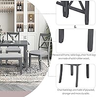 Vista 40 de Juego de mesa de comedor de madera de goma de 6 piezas con patrón de grano de madera y cojín suave, mesa de comedor rectangular con 4 sillas