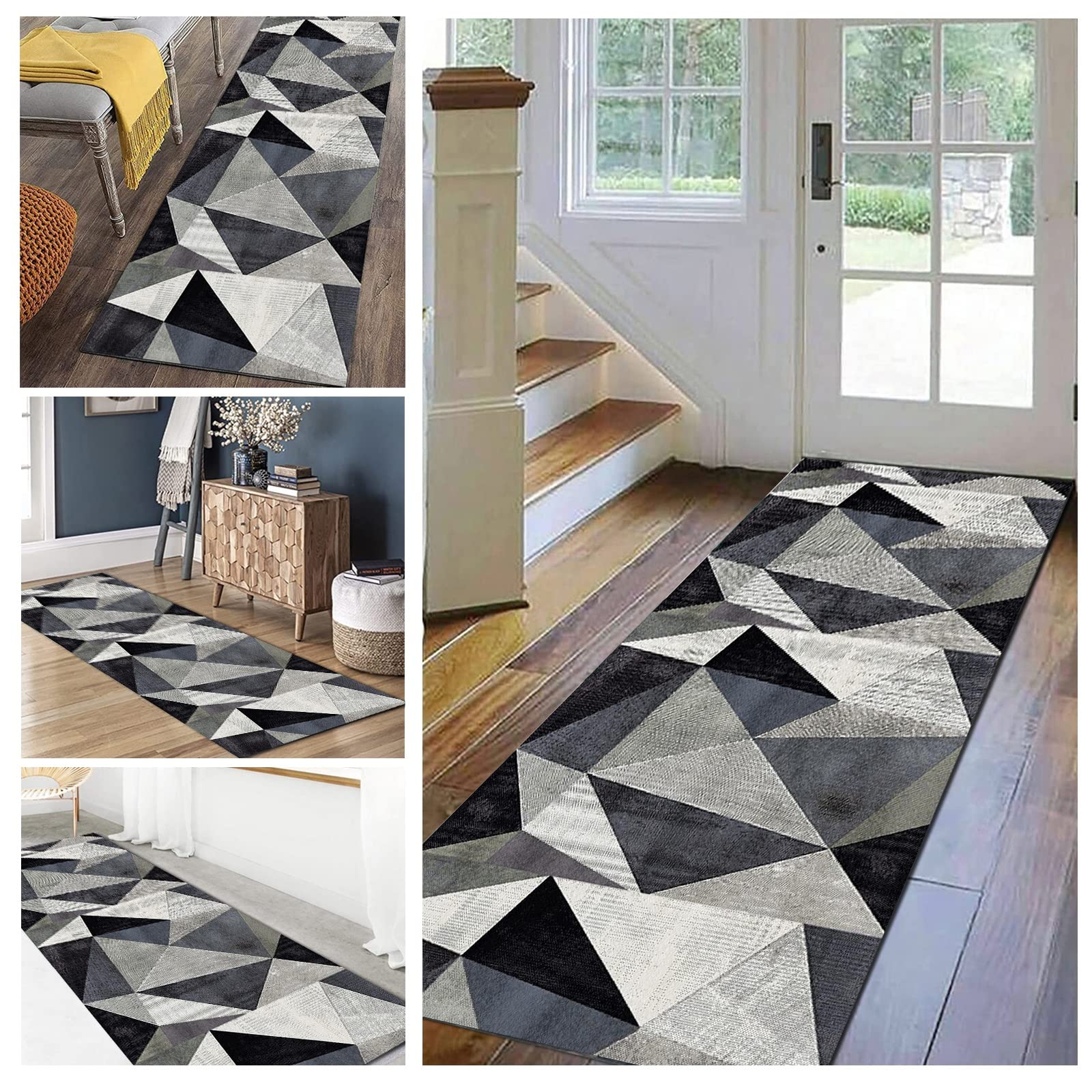 Tapis de couloir géométrique noir et gris antidérapant tapis extra long 100cm