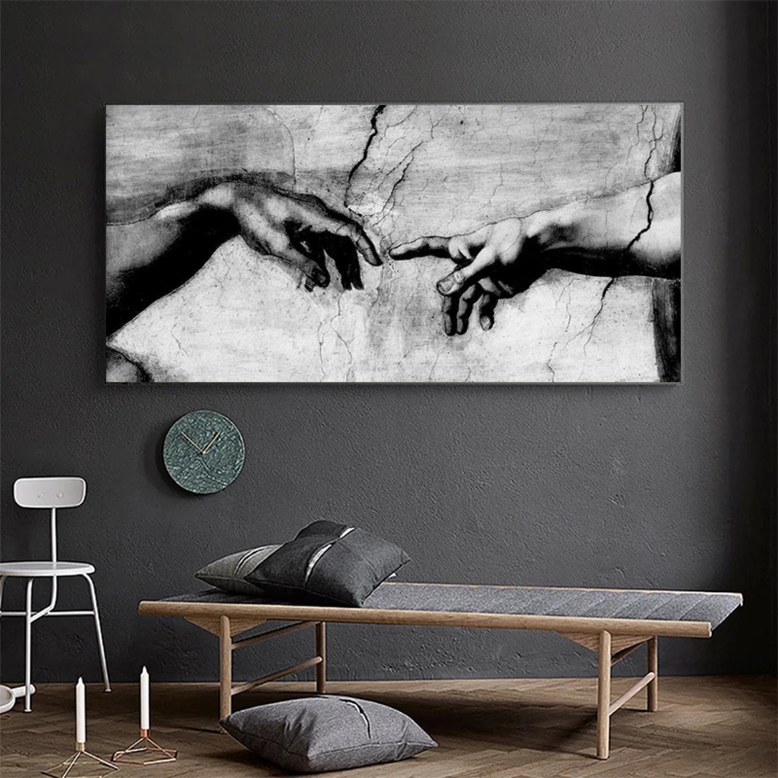 Pintura en lienzo en blanco y negro de la creación de Adán, obra de arte de la mano de Dios, impresión artística para pared, decoración de sala de estar, 70 x 140 cm (28 x 55 pulgadas), sin marco.