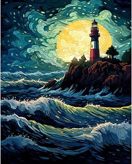 Red Lighthouse at Full Moon Paintwork Tropical Seascape Paint by Number Kits 16 x 20 inch Canvas Fantasy Island DIY Oil Painting for Kids Adults Beginner with Brushes and Acrylic Gift(Frameless)