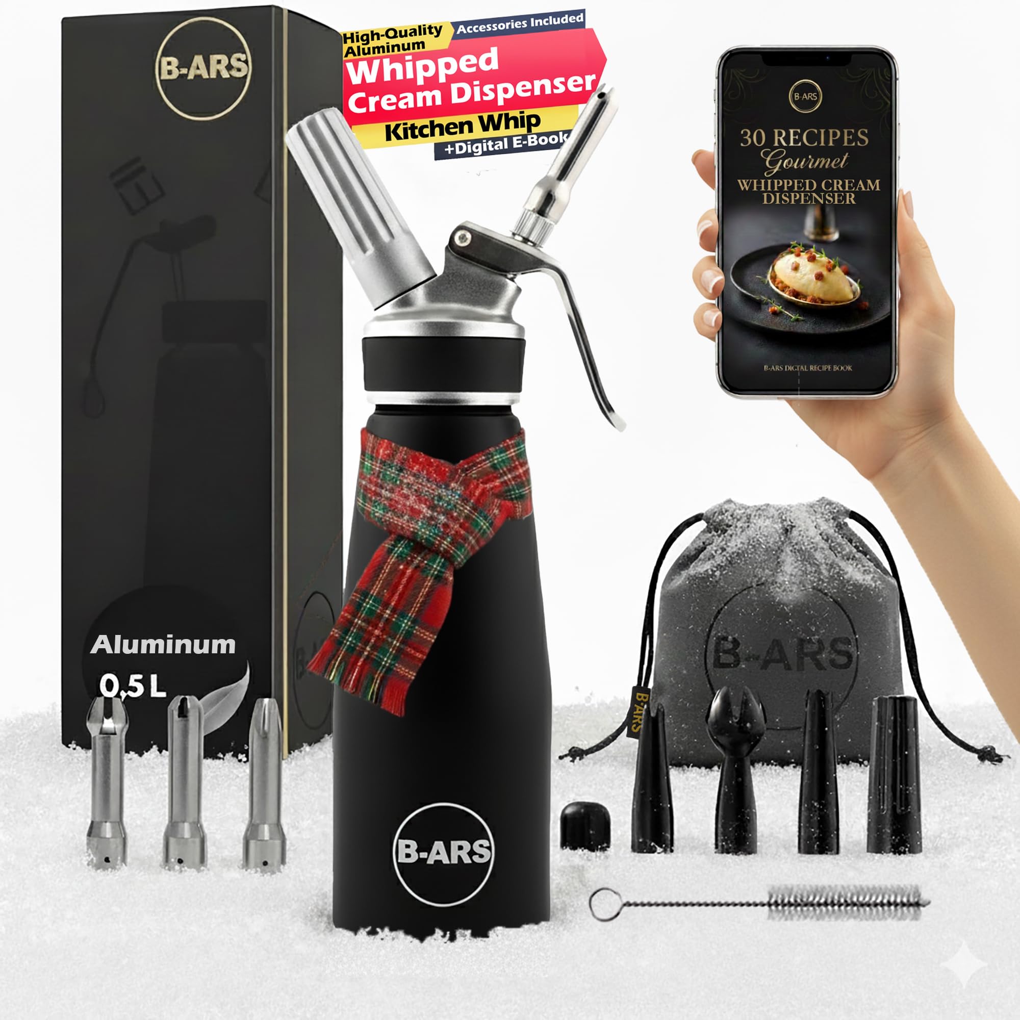 B-ARS Professional Whipped Cream Dispenser Aluminium 500ML With Stainless And Plastic Nozzles Includes Cleaning Brush Carry Bag Ebook For Mousses Toppings Foams Ideal For Home And Dessert Lovers