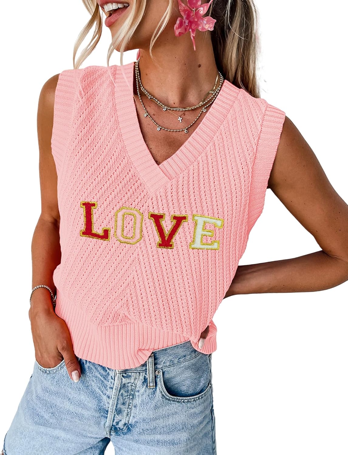 MARZXIN Women Sleeveless Sweater V Neck Casual 2026 Fall Knitted Chevron V Neck Sweater Vest Color Block Pullover Sweater Top