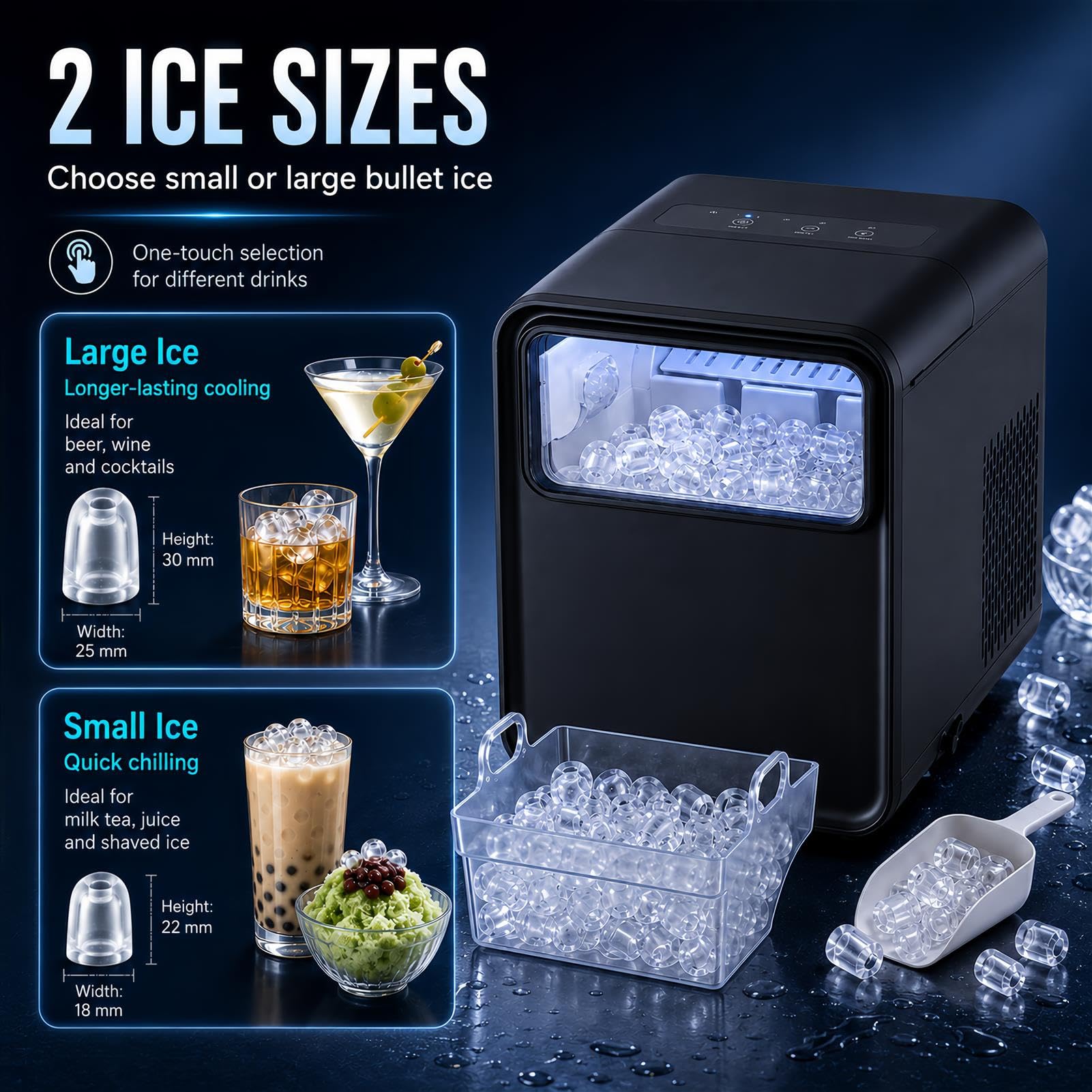 Macchina portatile del produttore di ghiaccio del bancone con il serbatoio dell'acqua 1.5L produce ghiaccio proiettile in 6 minuti due dimensioni autopulizia per la festa del bar dell'ufficio della cu