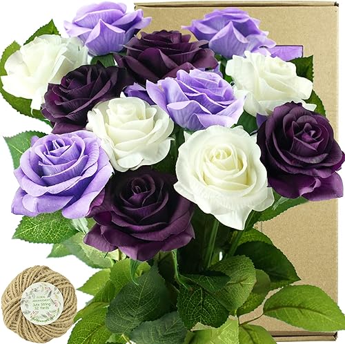 Miniatura 145 de FiveSeasonStuff 12 tallos de flores artificiales, rosas de seda de tacto real para decoración de bodas, ramos de novia, centros de mesa, fiestas y 9