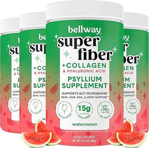 Bellway Beauty Super Fiber Powder + colágeno en polvo (paquete de 4), péptidos de colágeno sin azúcar y suplemento de fibra de cáscara de psyllium,