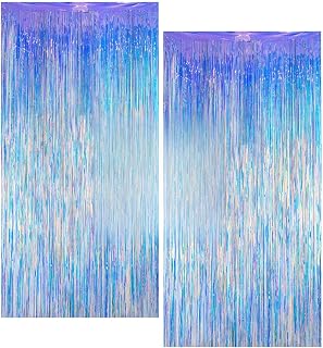 Iridescent Fringe Curtains Backdrop, 2 Pack 3.3 x 6.5 ft Holographic Tinsel Foil Streamers for Mermaid, Frozen, Euphoria, Ocean Theme Birthday Party Decorations