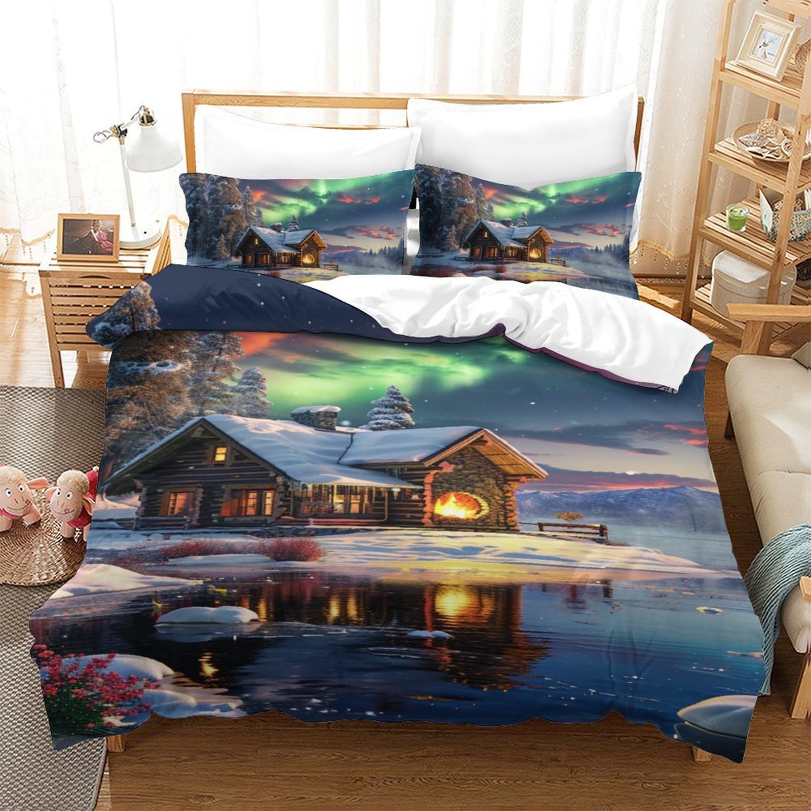 Housse de couette anti-plis imprimé aurore parure de lit 140x200cm sans repassage