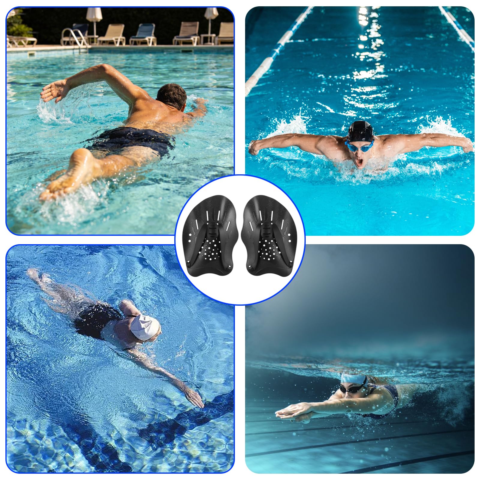 1 paio di pagaie a mano per nuoto, pagaia con cinghie regolabili, pagaia a mano per nuoto piscina, strumento per l'allenamento della forza per adulti unisex (nero)