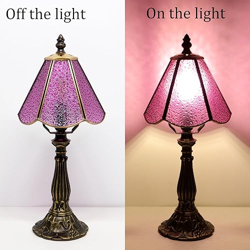 Miniatura 4 de Small Tiffany Table Lamp Purple Diamond Style Stained Glass Desk Lamps 6X6X14 Inch Bronze Resin Base Antique Mini Accent Light Purple Diamond,Sea