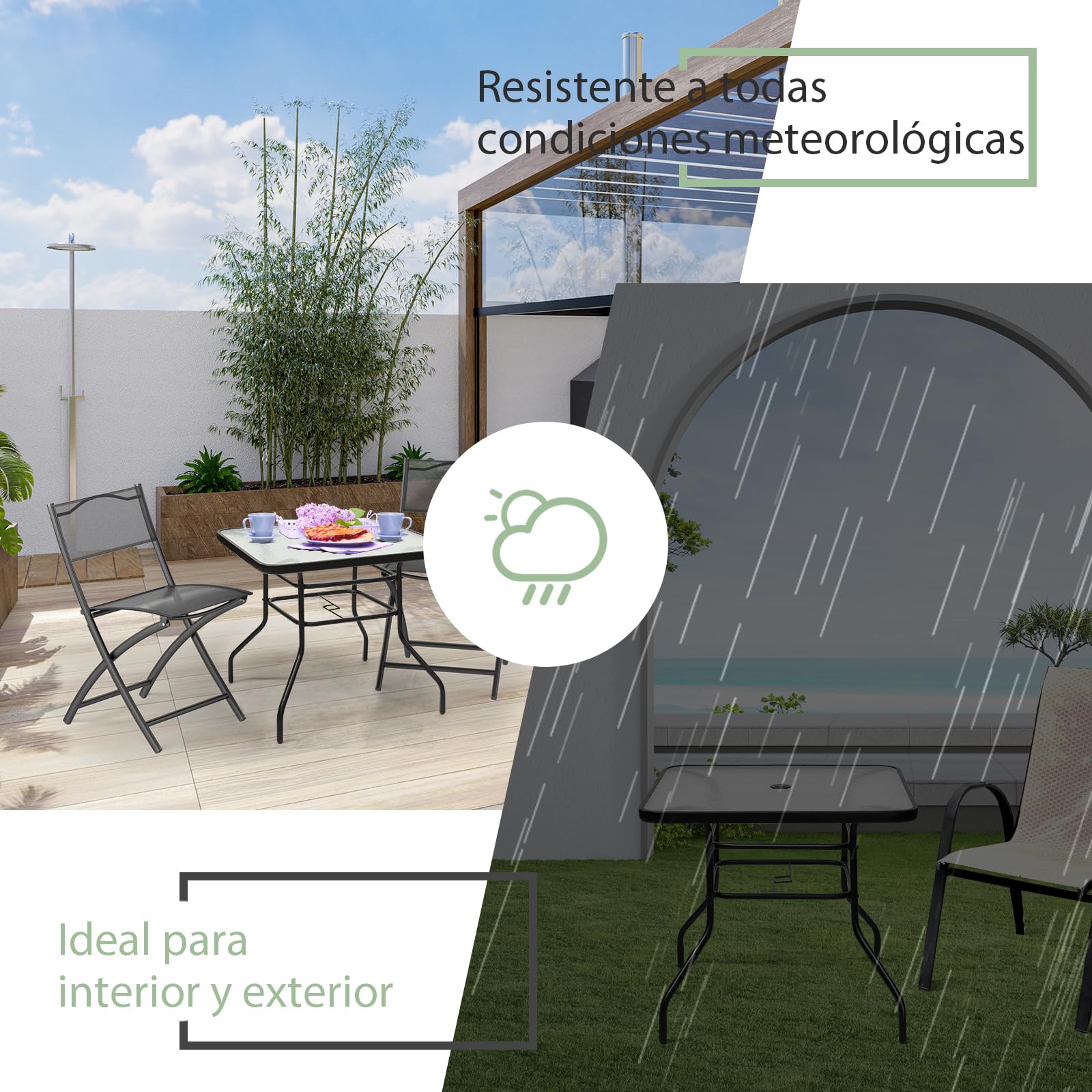 GOPLUS Mesa de Jardín con Orificio para Sombrilla y Tablero de Vidrio | Mesa Auxiliar Cuadrada para Terraza Patio Bistro con Marco de Metal, Carga 80 kg, 80x80x71cm