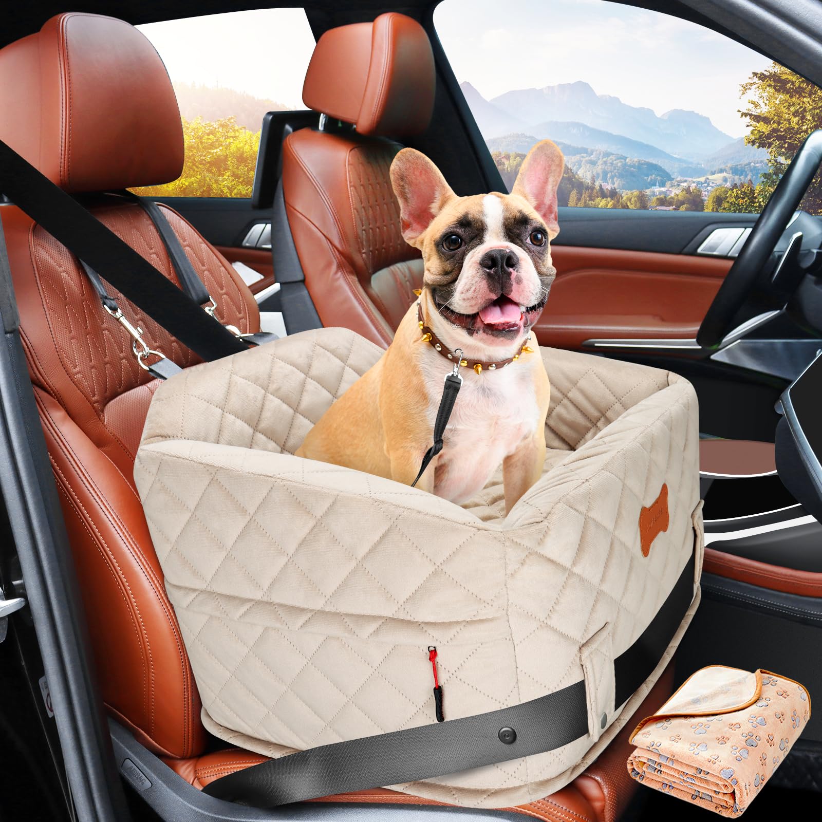 Photo 1 of **Image for illustrative purposes, similar article** Dog Booster Car Seat for Small Dogs Under 25 lbs, Elevated Dog Car Seat, Detachable Washable Dog Car Booster Seat, Dog Travel Seat for Car, Dog Seat Belt, Storage Pocket, Dog Blanket Beige Small