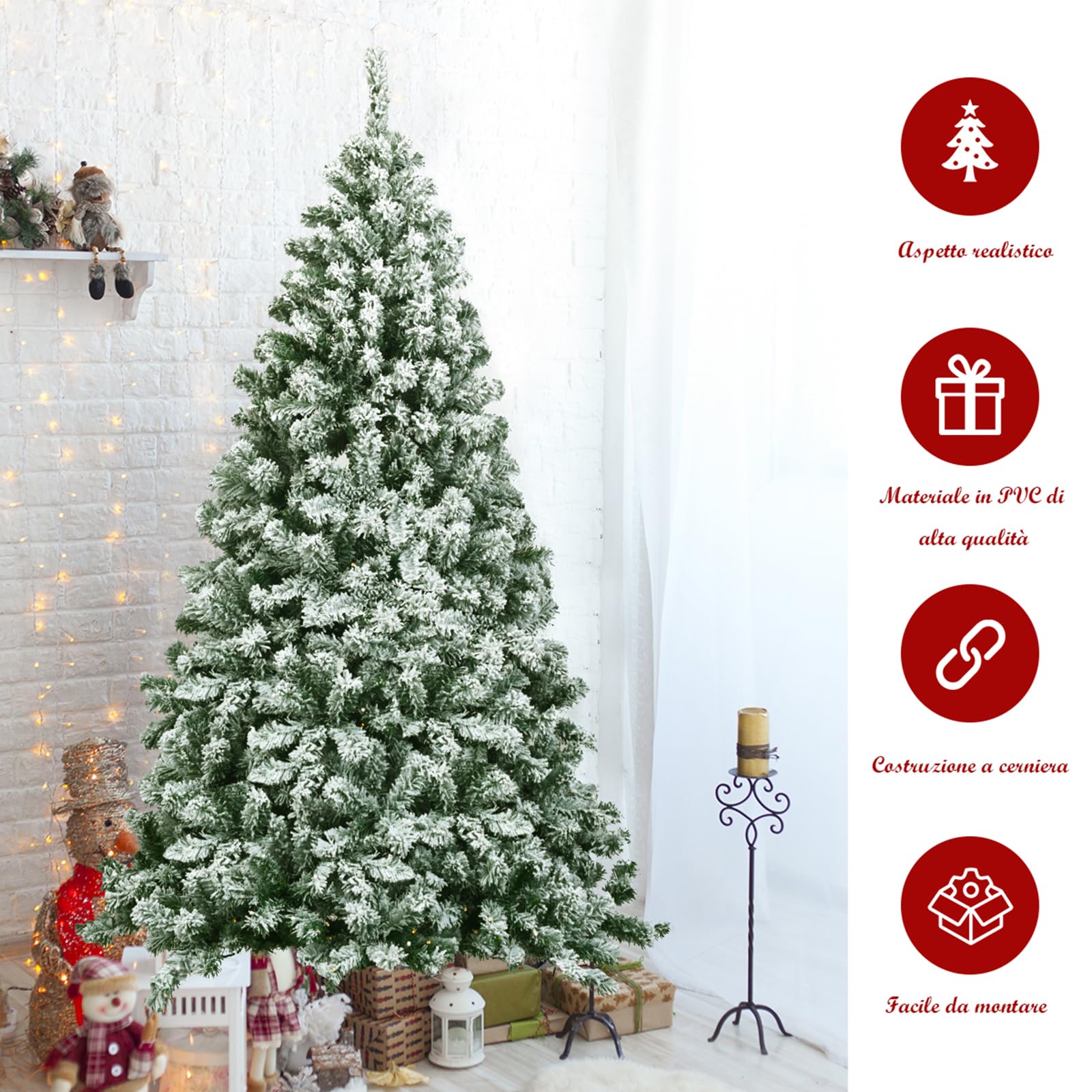 KOMFOTTEU Albero Di Natale Artificiale Innevato 225 Cm – Con Fiocchi Di Neve E Base Metallica Pieghevole, Decorazione Realistica Per Casa E Ufficio, Verde