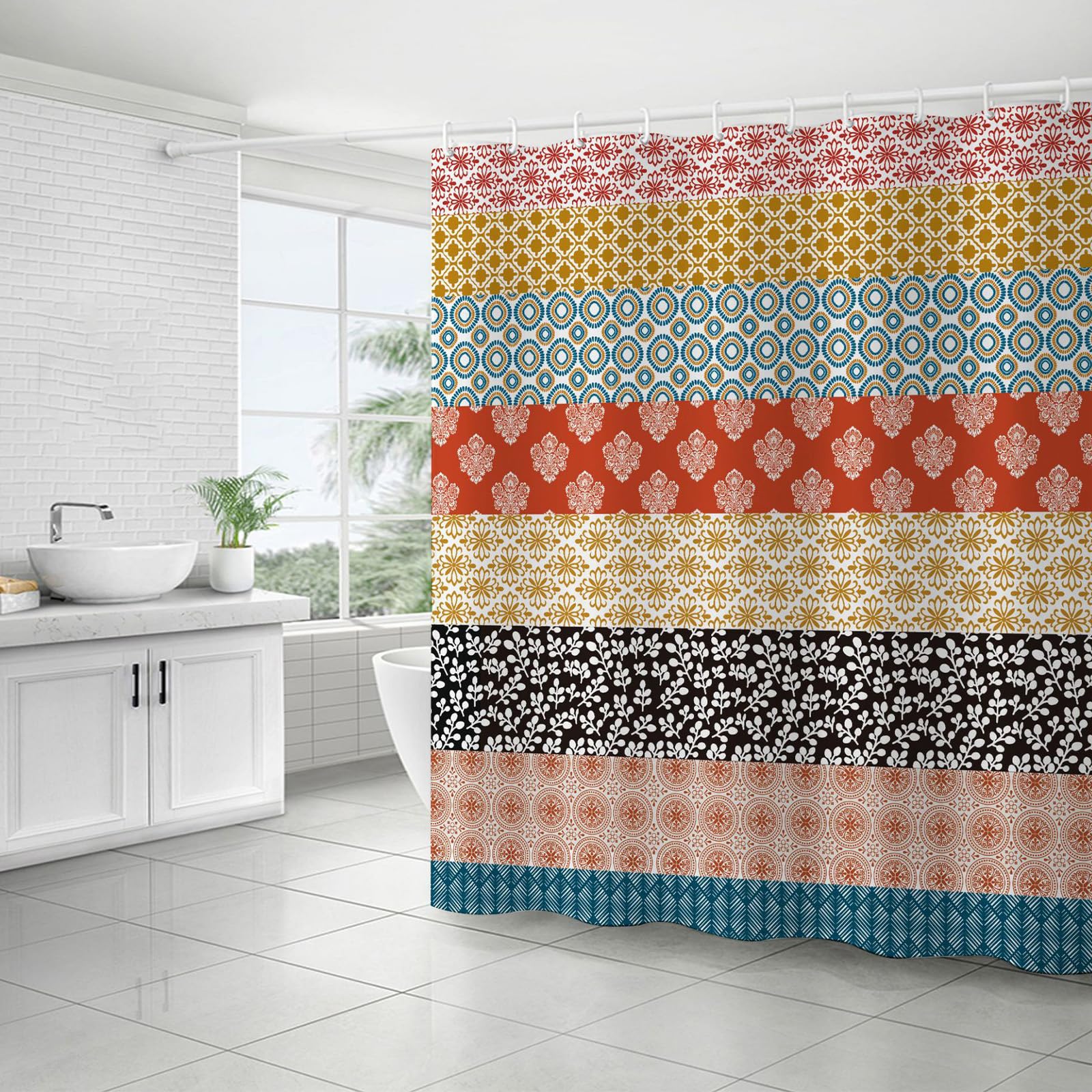 FAIRYGATE Boho Vorhang Duschvorhang Abstrakt Bath Curtain 80x180 cm Waschbar Bad Polyester Textil Wasserdicht Duschvorhang für Badewanne mit 12 Hake B8614