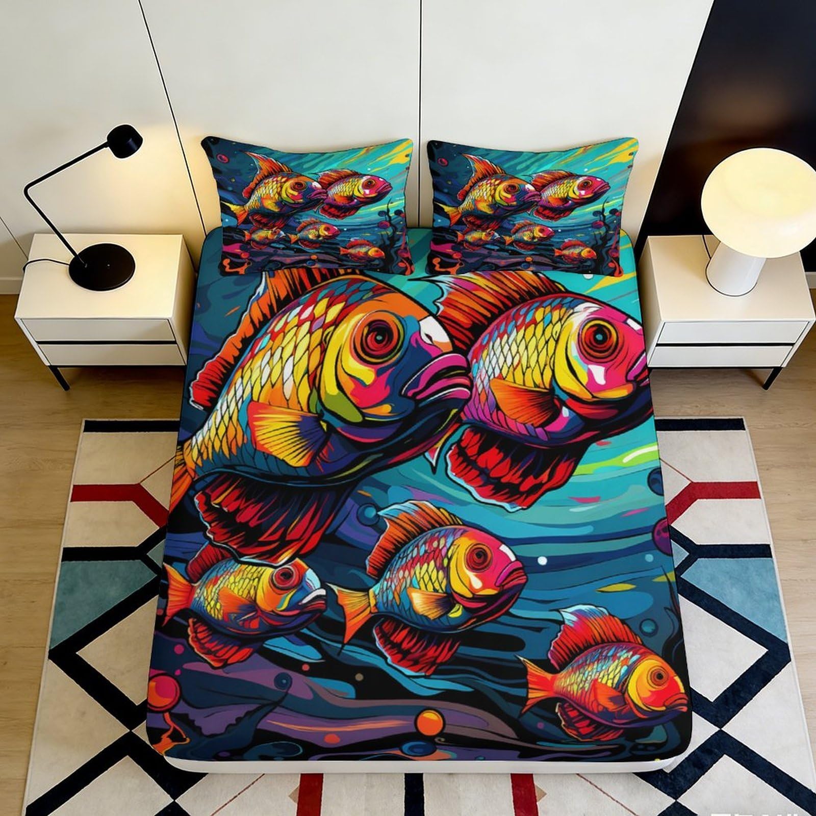 Pnayamiorkfel Style-2 3D Printed Colorful Fish Fitted Sheet Microfiber Bedroom Decor Artistic Ocean Mattress Cover For Home Dorm Use 90X200x25cm