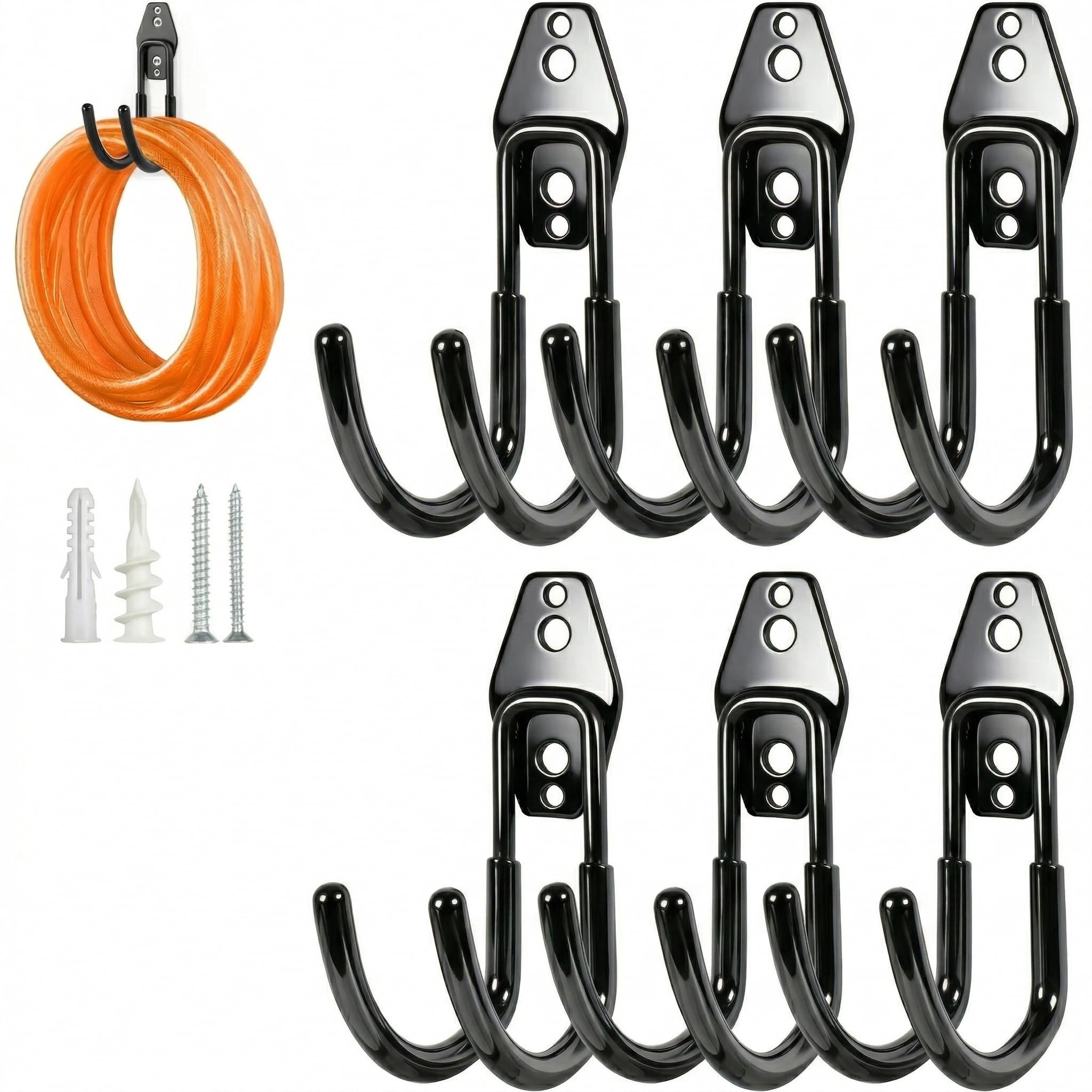 Pruite - Heavy Garage Hooks for Hanging Bulky Garden Tools, 6 Pack Metal Garage Wall Hooks with Screws, Hanging Storage Hooks