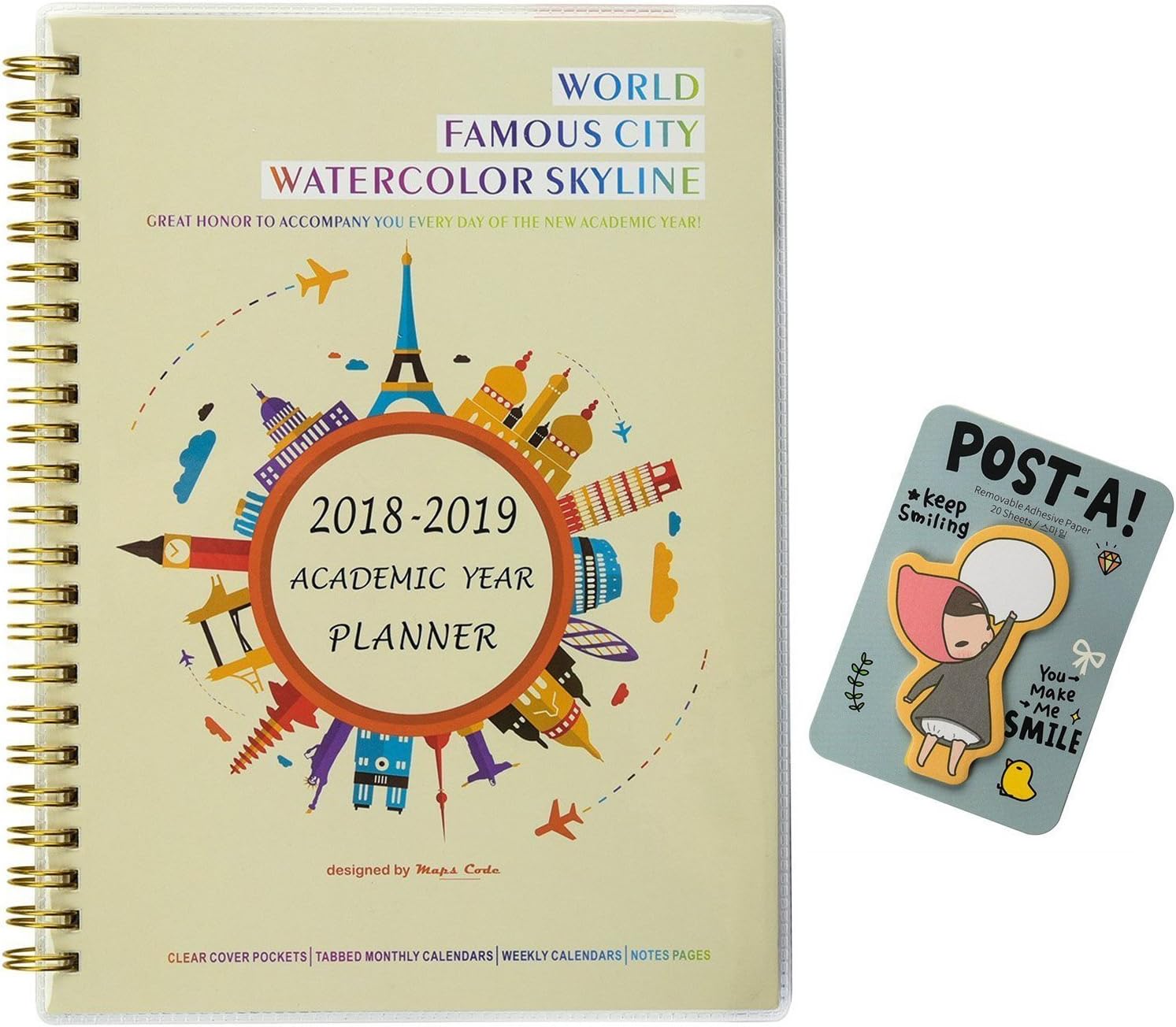 2018-2019 Academic Year Planner Monthly & Weekly Calendar Daily Notebook,DIY Cover, Spiral Twin-Wire Binding, 5.75"x 8.25", Thick Paper, Sufficient Space City Watercolor Skyline